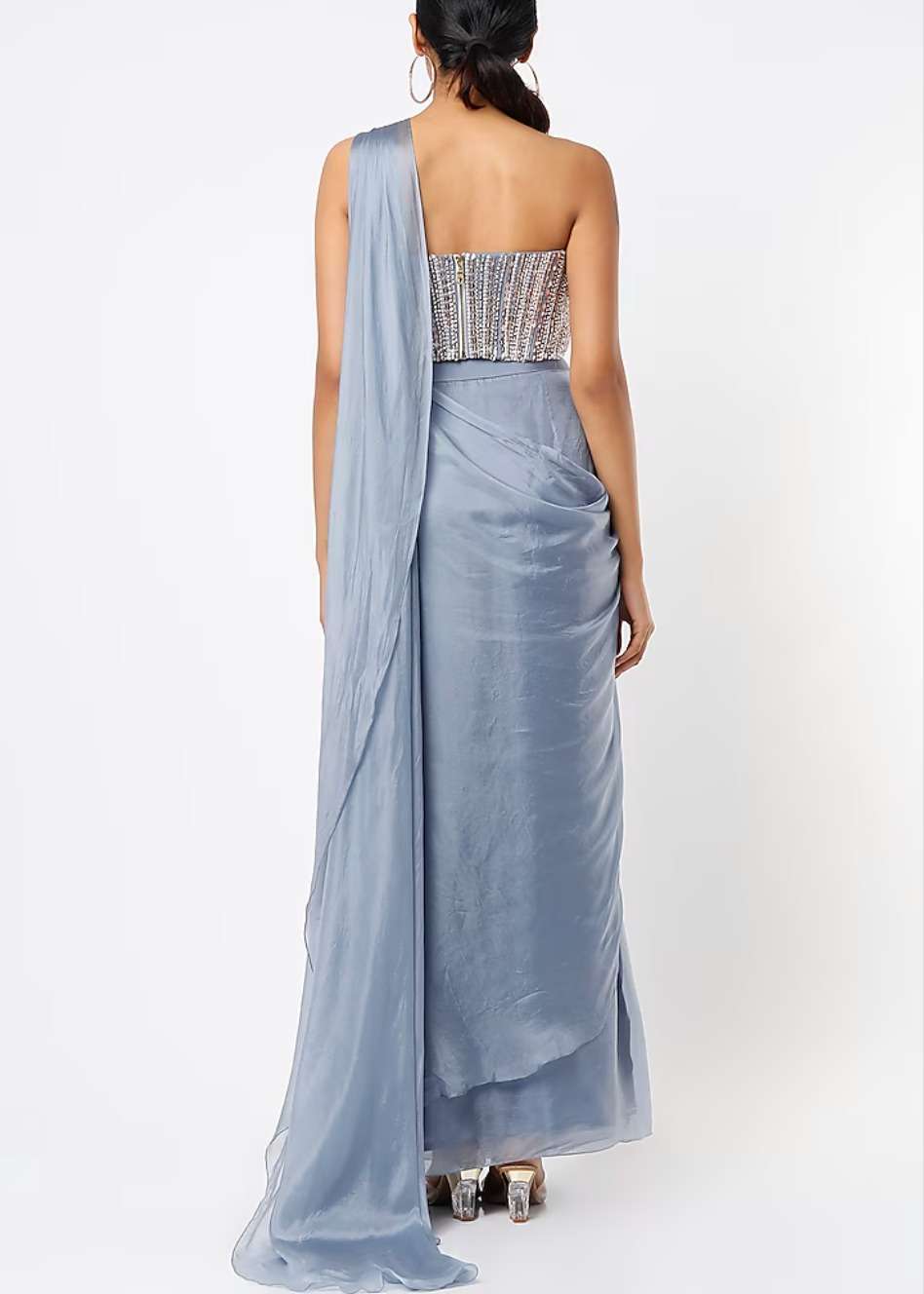 Light Blue Pre-Draped Beaded Sari Image - 7