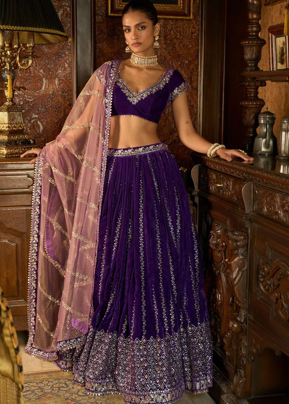 Purple Velvet Lehenga Image - 3