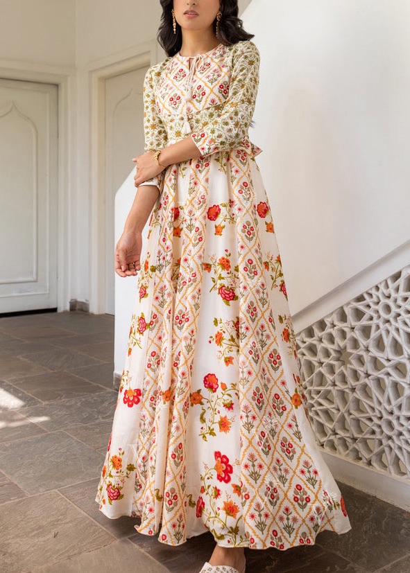 Off-White Vasansi Silk Printed Anarkali Gown Image - 0