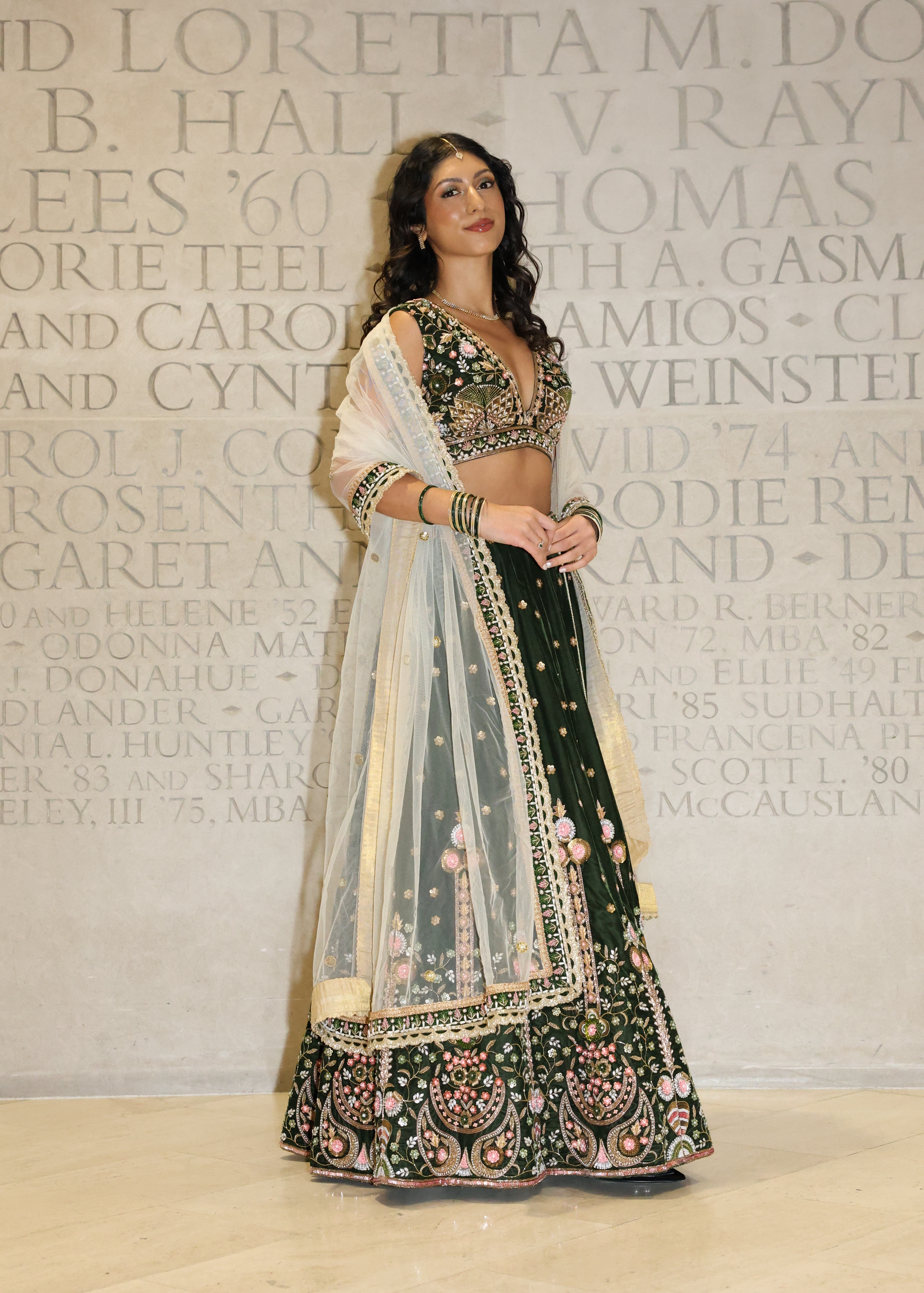 Forest Green Velvet Floral Lehenga Image - 1