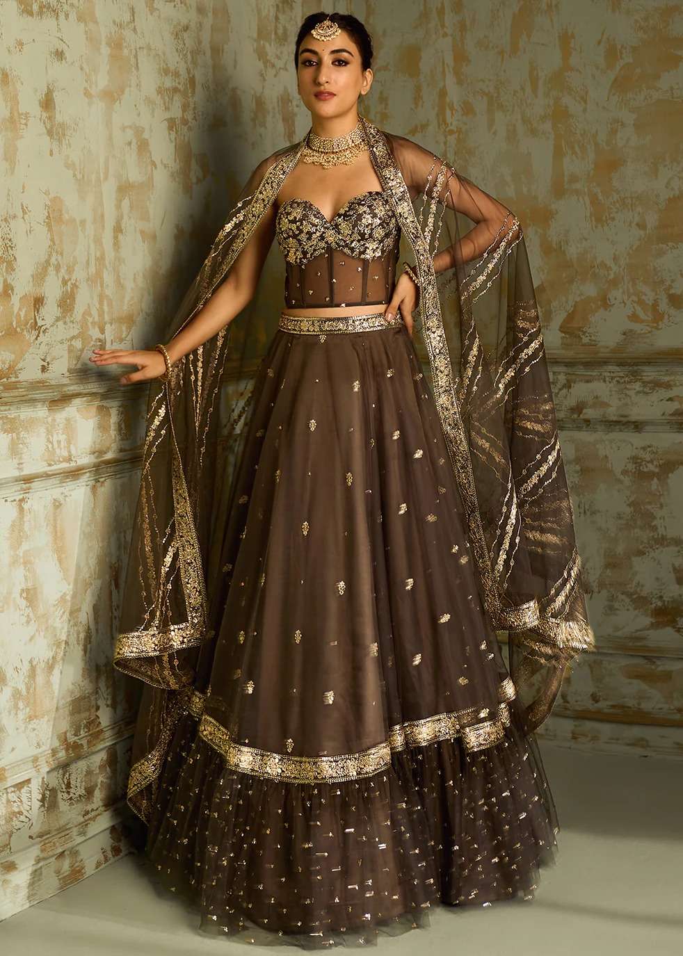 Dark Grey Embellished Corset Lehenga Image - 0