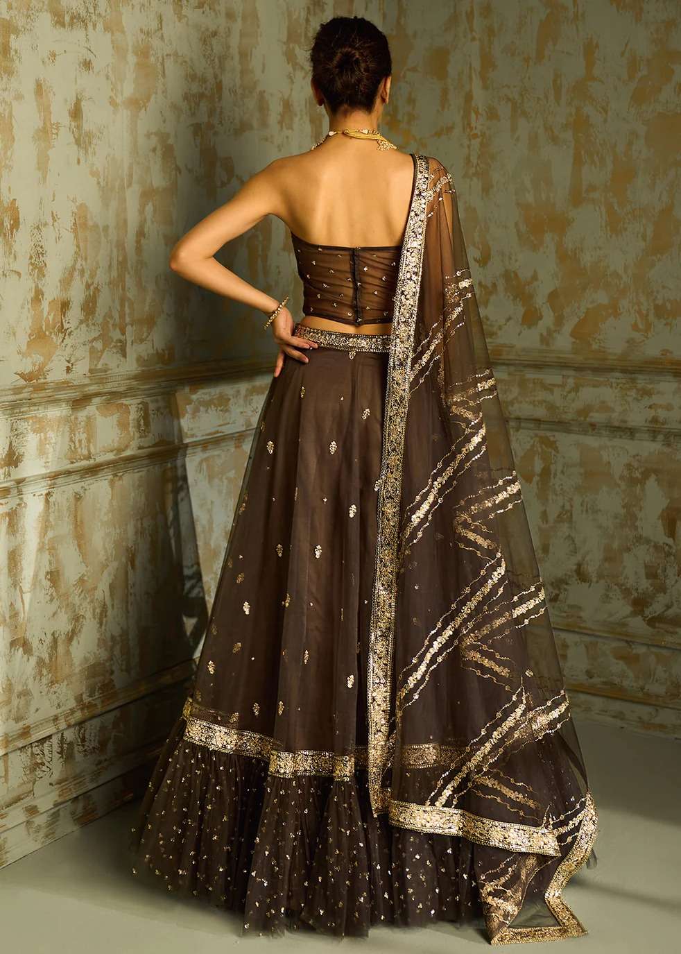 Dark Grey Embellished Corset Lehenga Image - 1