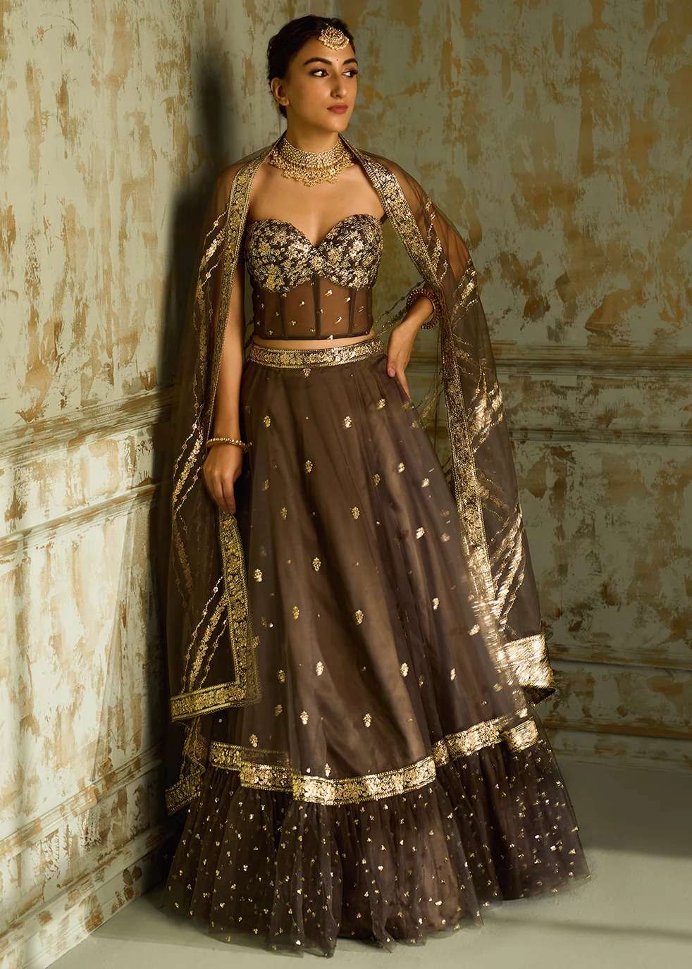 Dark Grey Embellished Corset Lehenga Image - 3