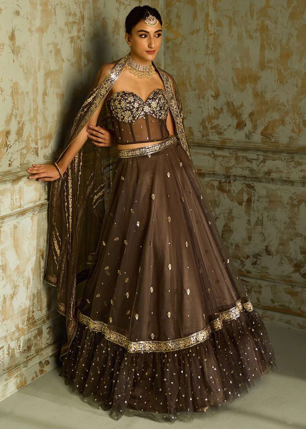 Dark Grey Embellished Corset Lehenga Image - 4