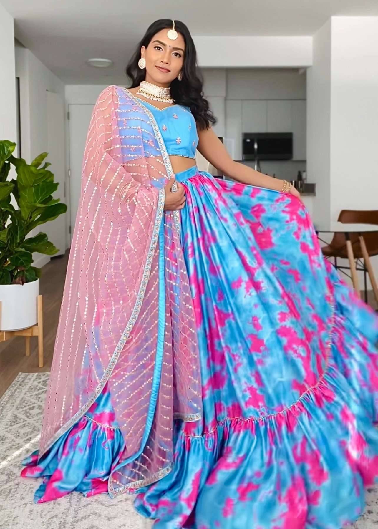 Blue and Pink Tie-Dye Lehenga Image - 0