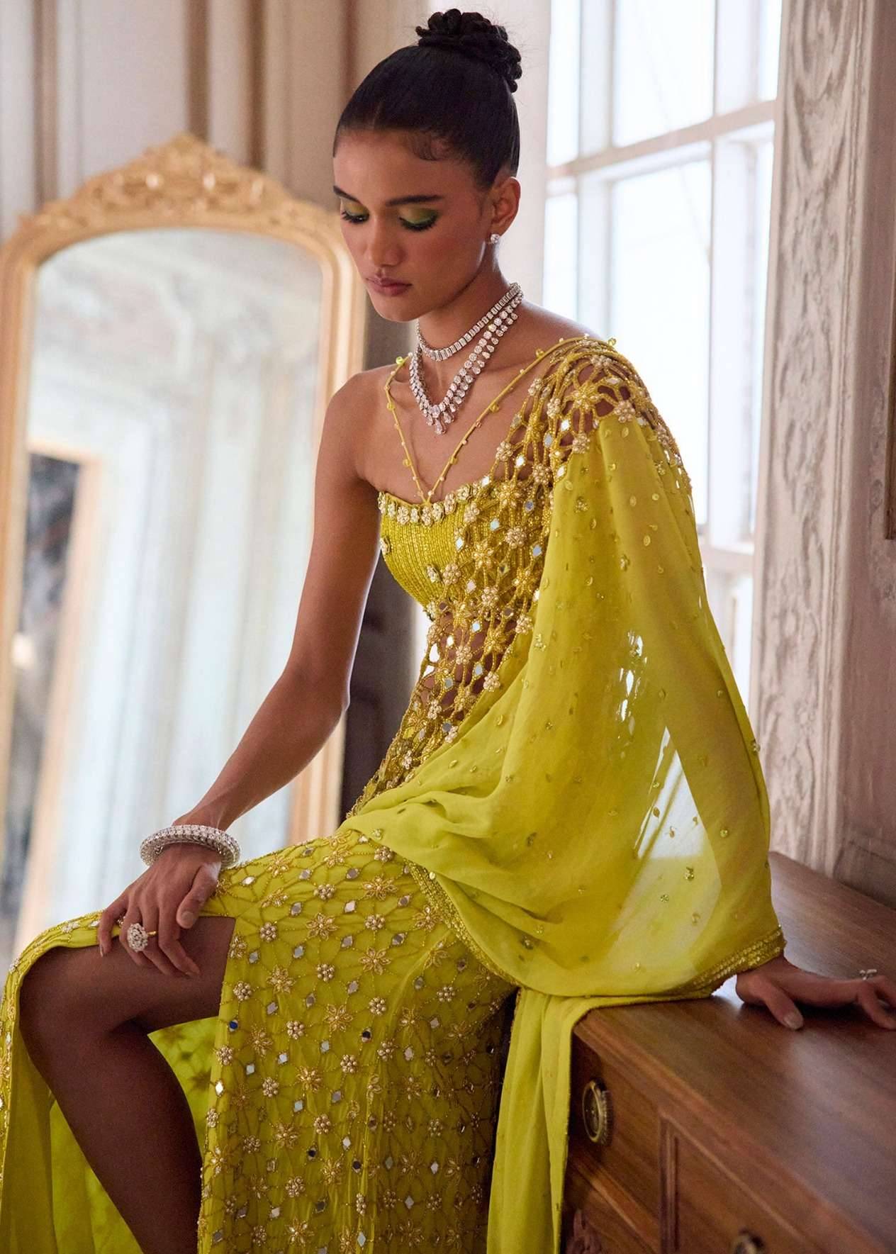 Neon Green Slit Pre-Draped Sari Image - 6