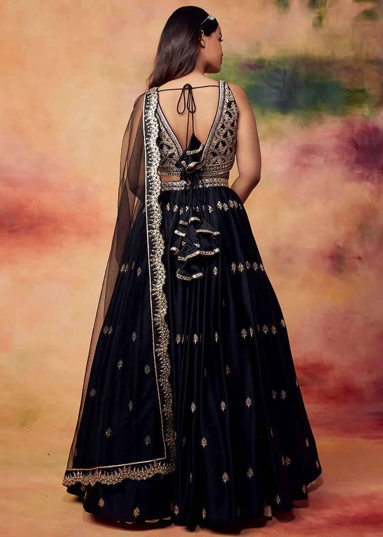 Black and Gold Satin Lehenga Image - 3