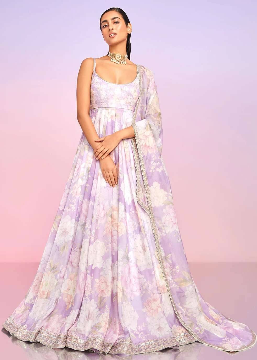 Purple Floral Embellished Anarkali Image - 0