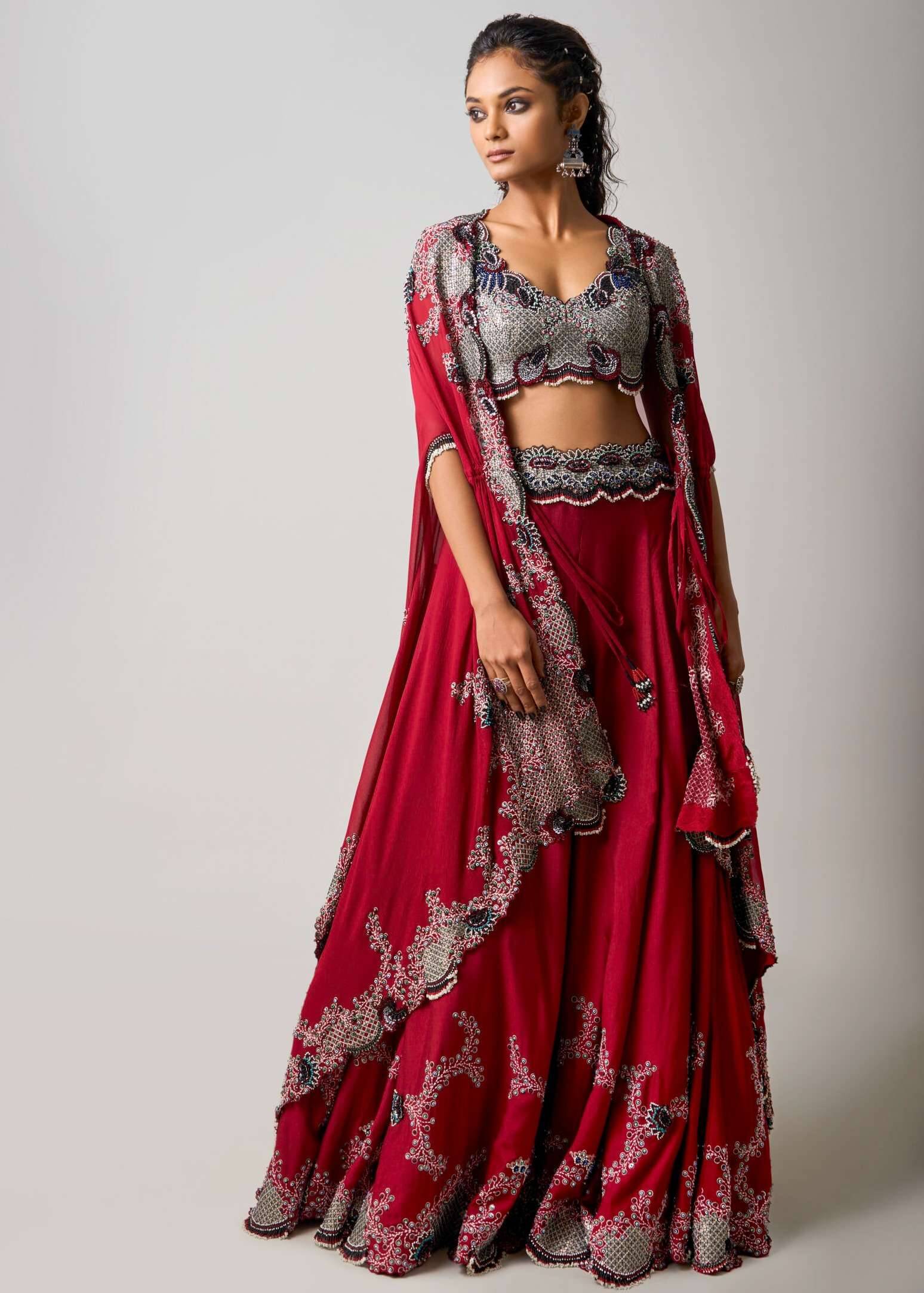 Burgundy Cape Lehenga Set Image - 0