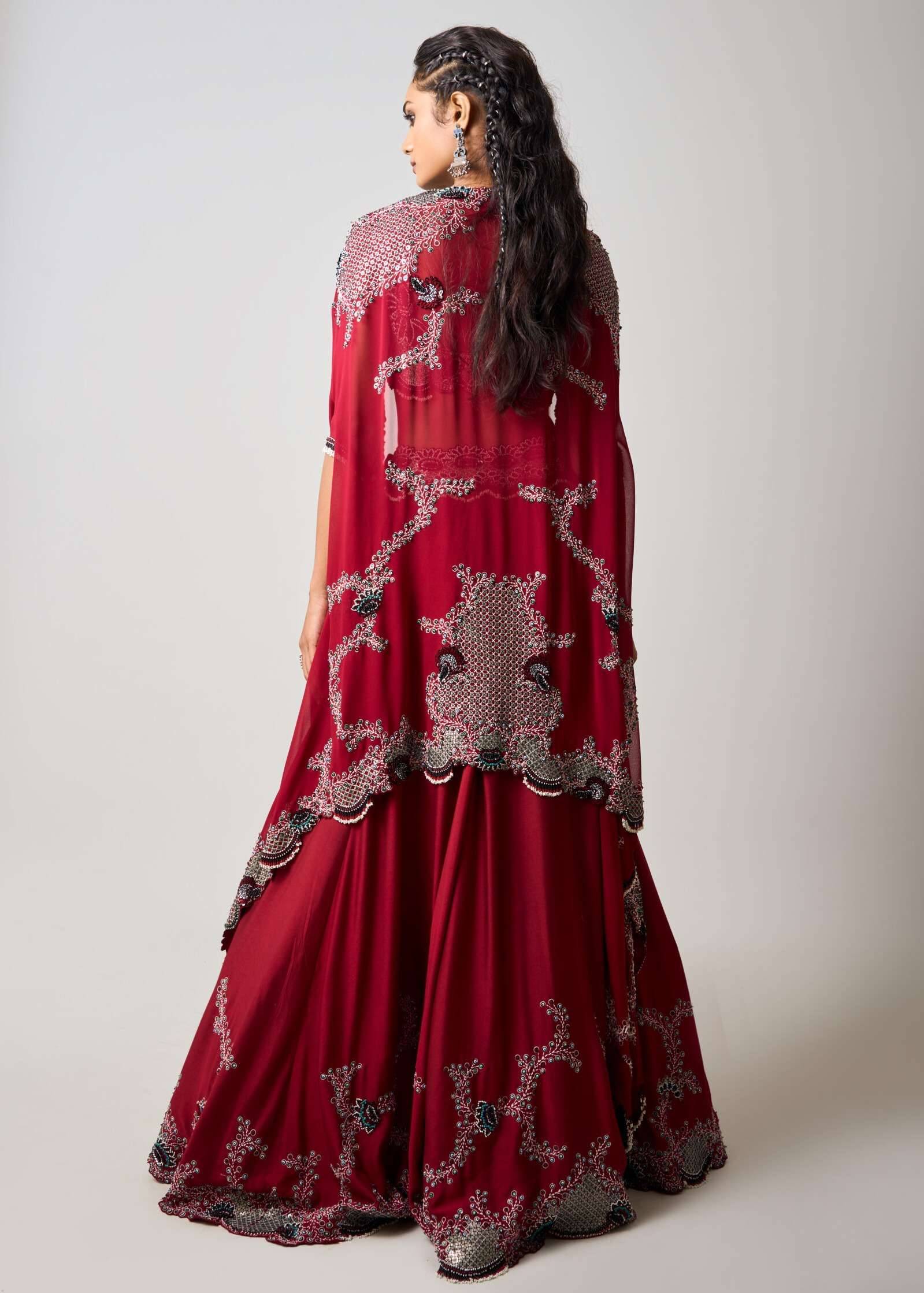 Burgundy Cape Lehenga Set Image - 1