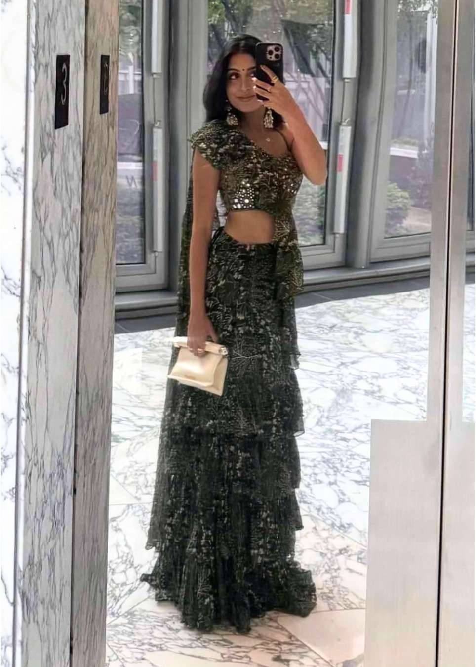 Forest Green Pre-Draped Sari Image - 0