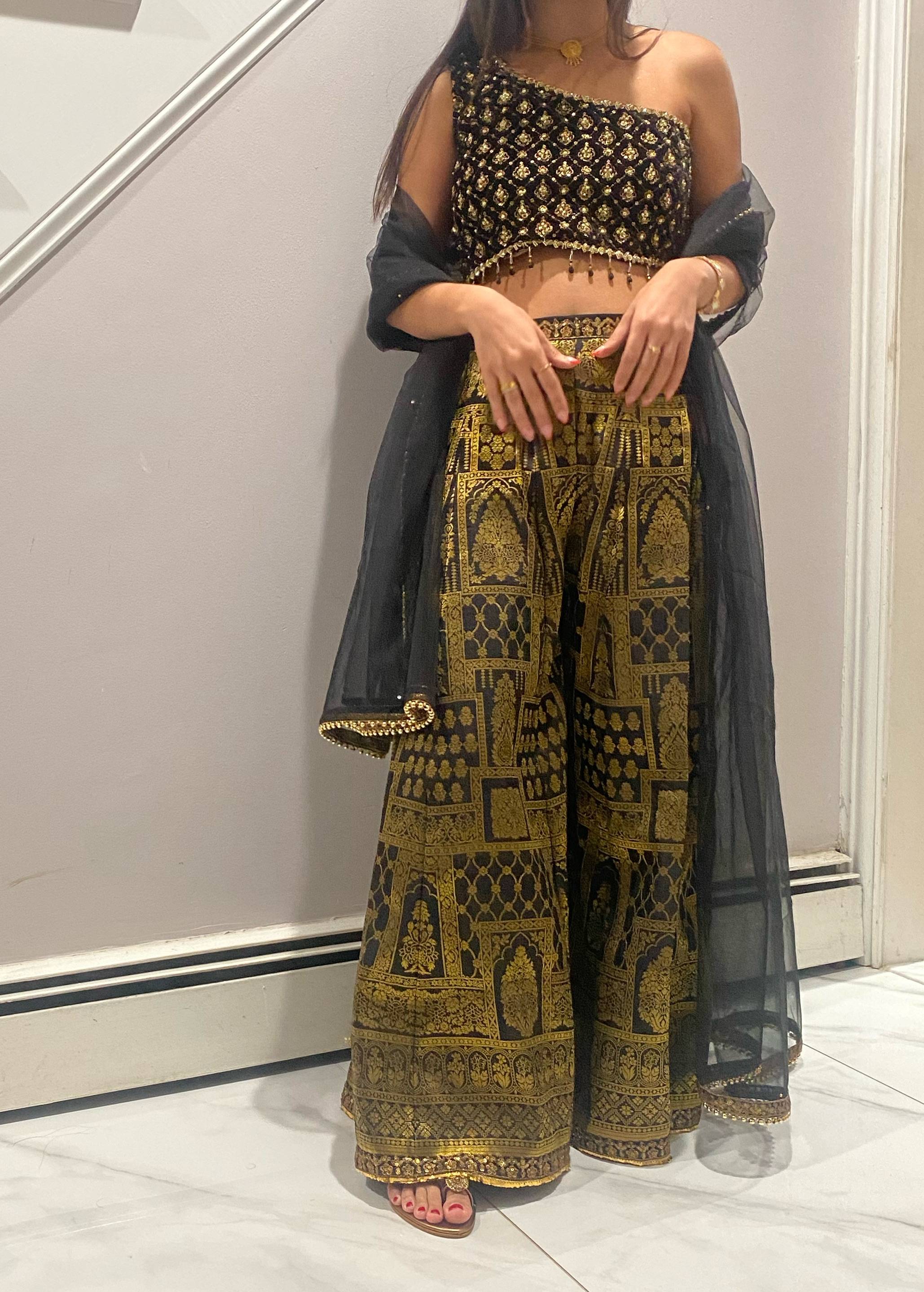 One-Shoulder Black & Gold Sharara Image - 1