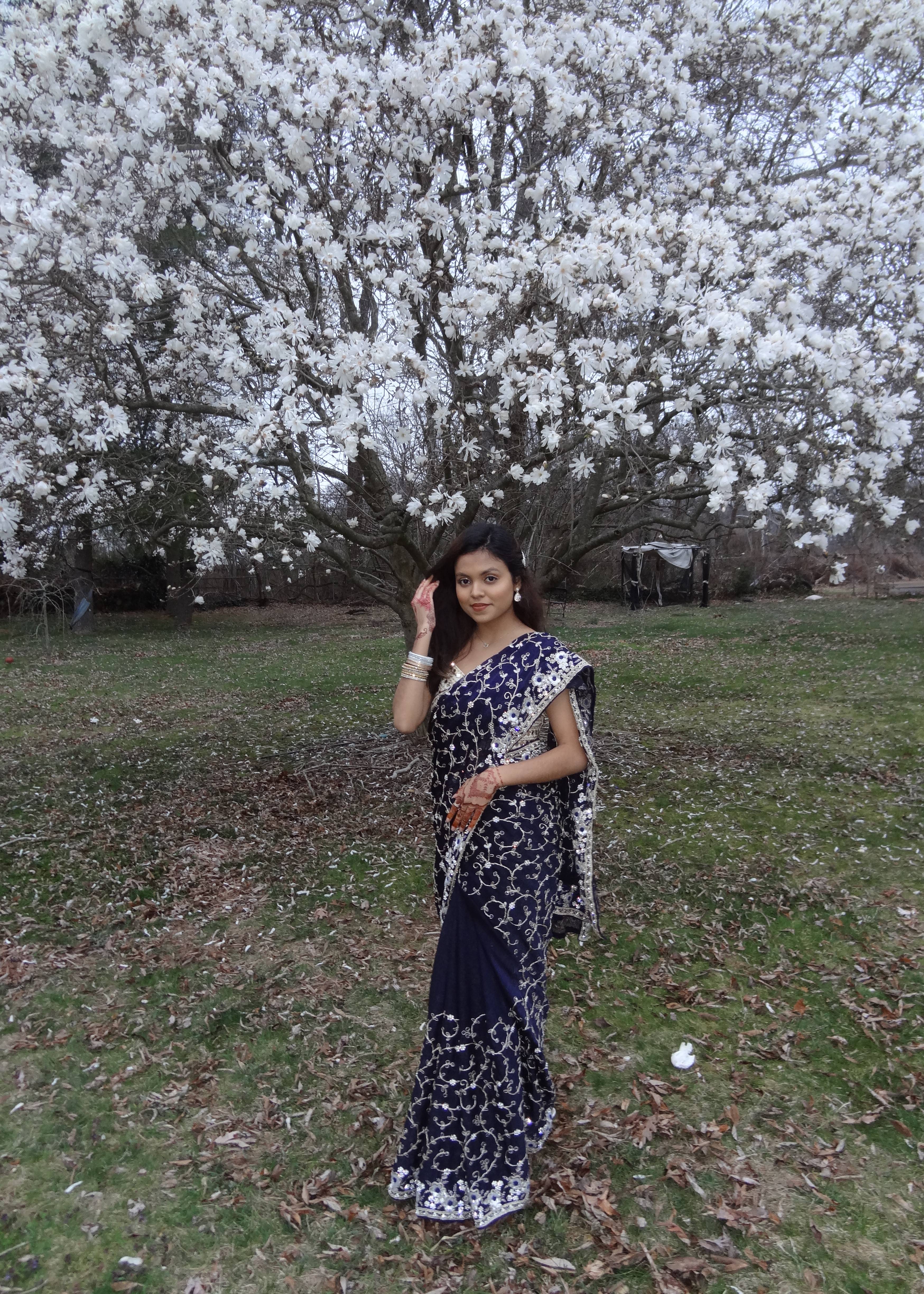 Navy Embellished Sari Image - 2
