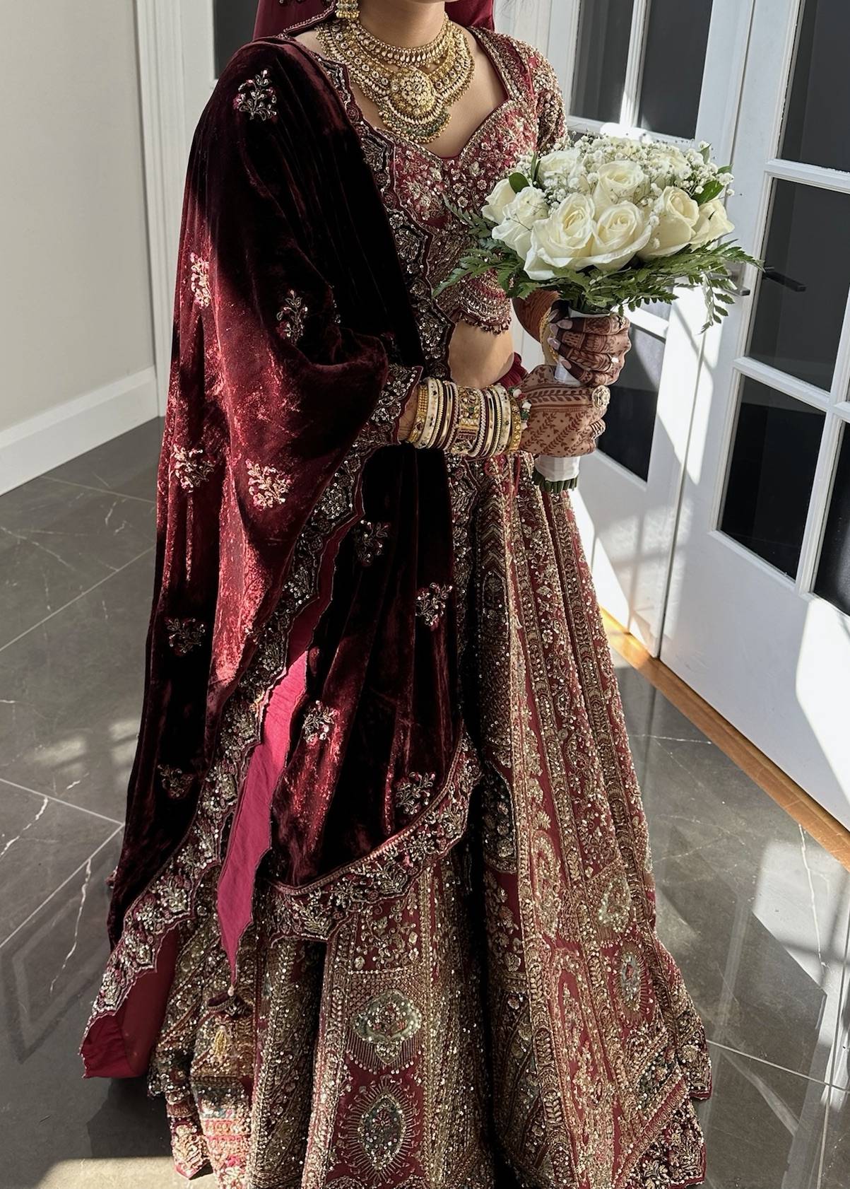 Maroon Velvet Zardozi Bridal Lehenga Image - 1