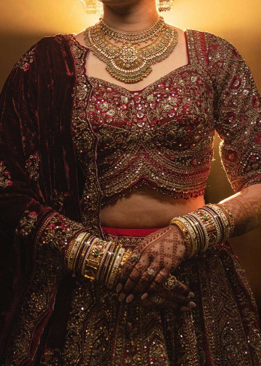 Maroon Velvet Zardozi Bridal Lehenga Image - 4