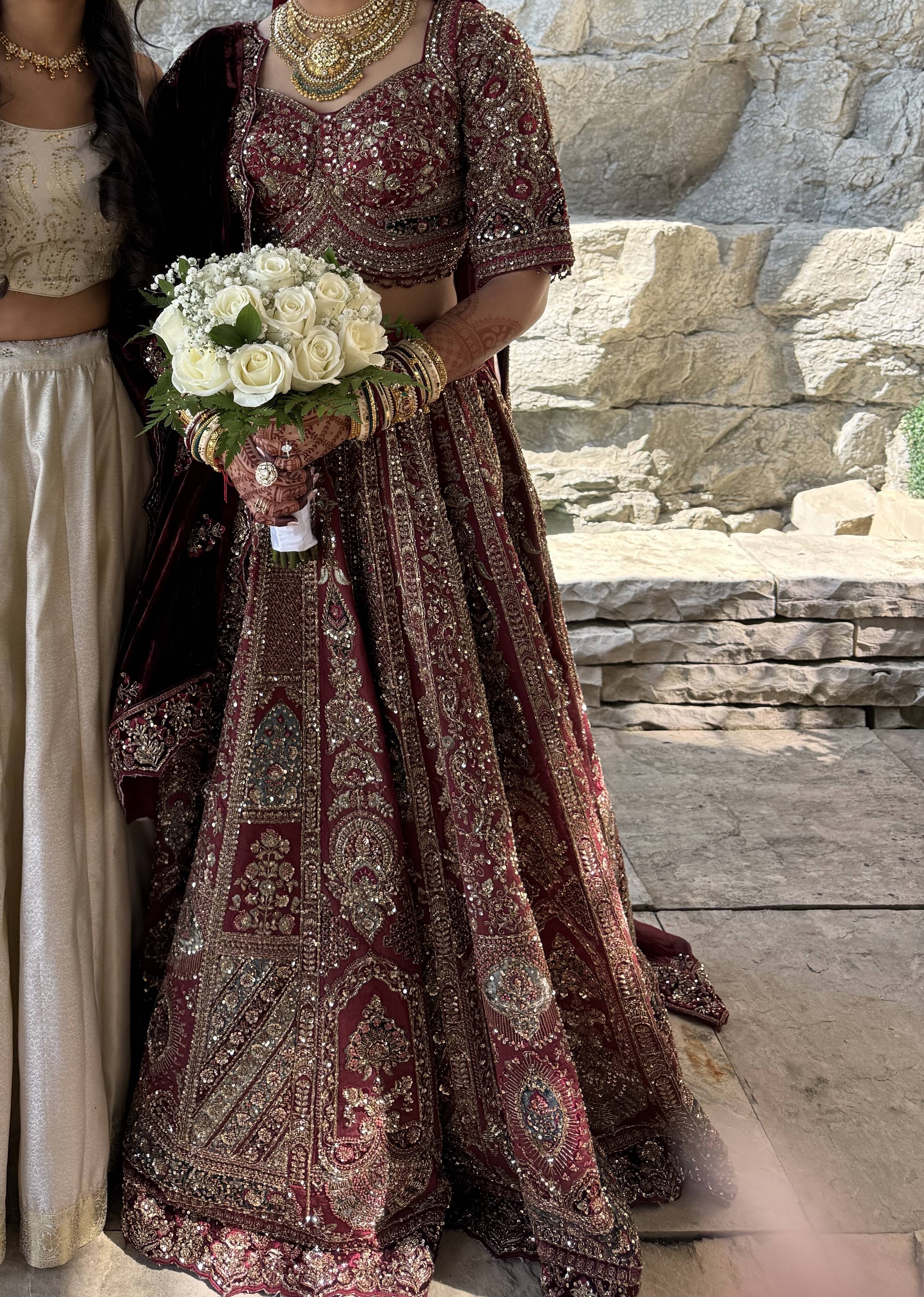 Maroon Velvet Zardozi Bridal Lehenga Image - 0