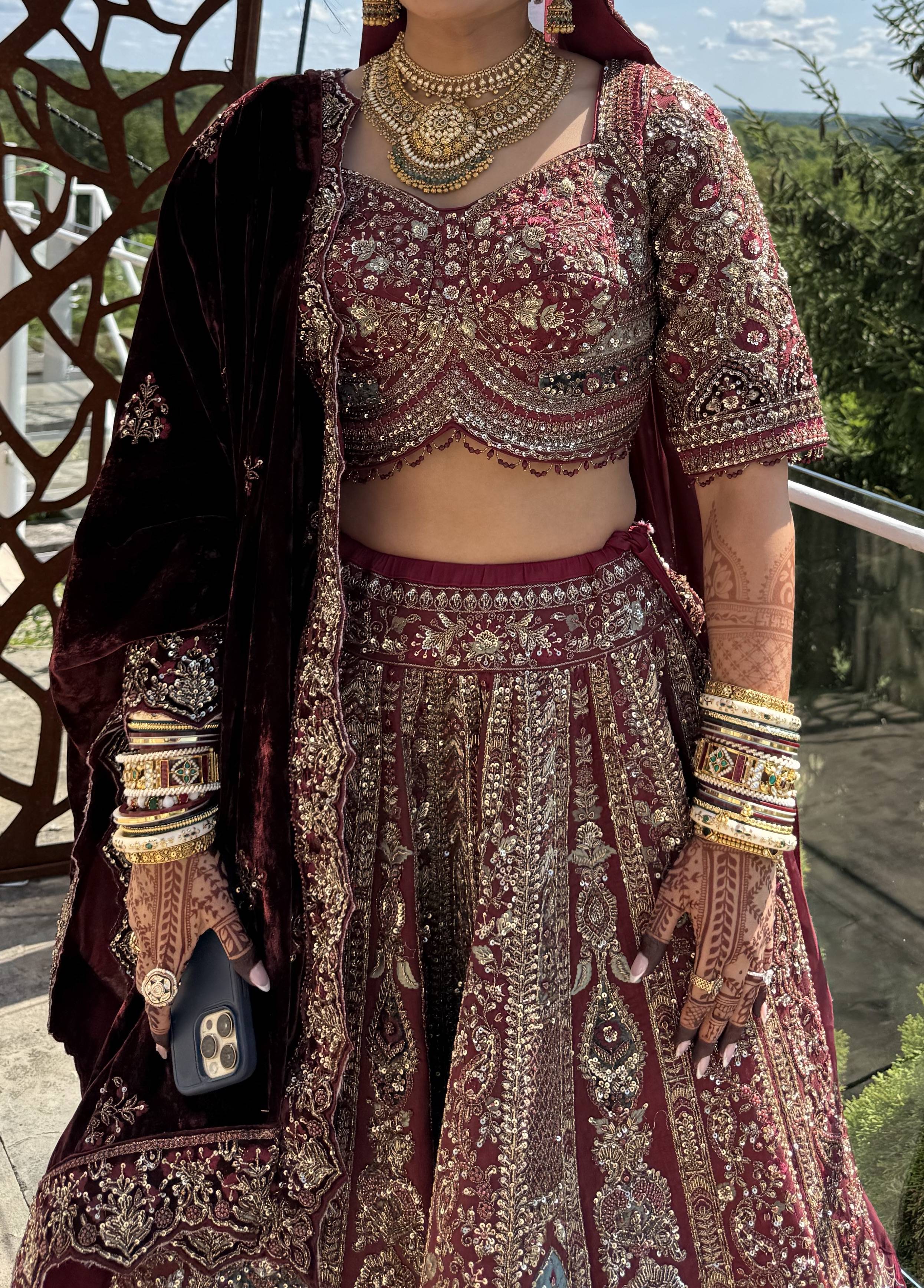 Maroon Velvet Zardozi Bridal Lehenga Image - 3