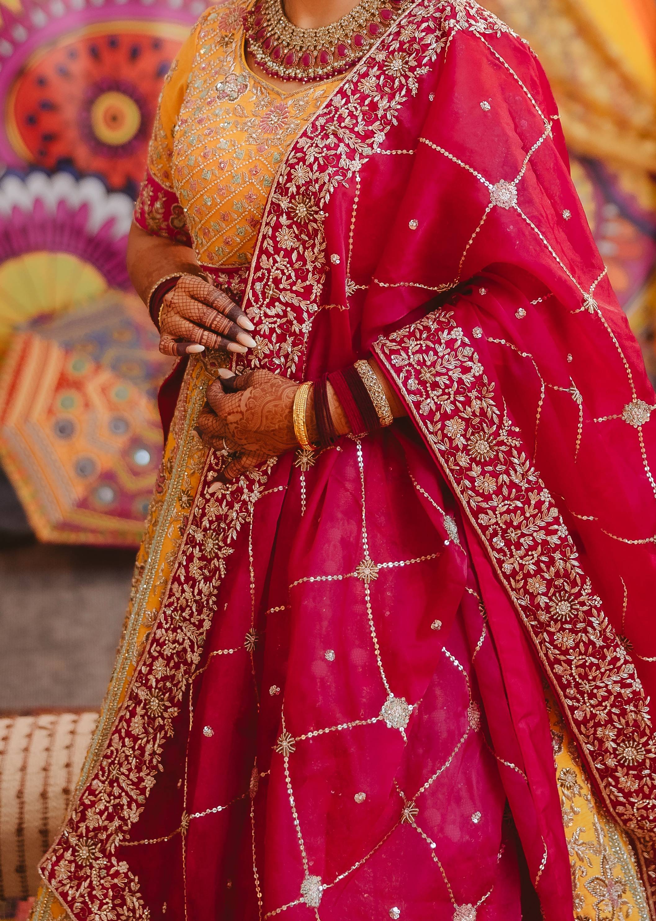 Yellow and Pink Bridal Lehenga Image - 3