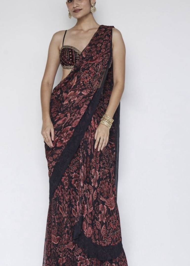 Floral Pre-Draped Sari Image - 4