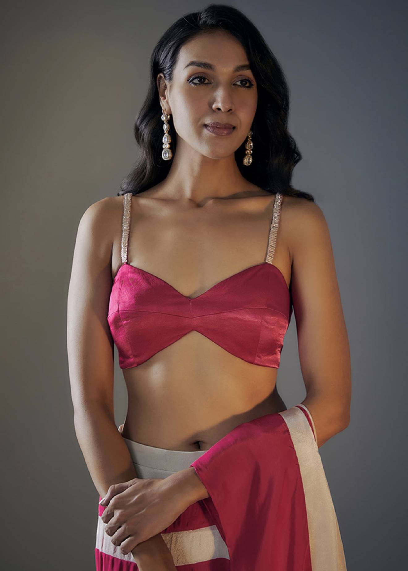 Hot Pink & Beige Printed Pre-Drape Sari Image - 2