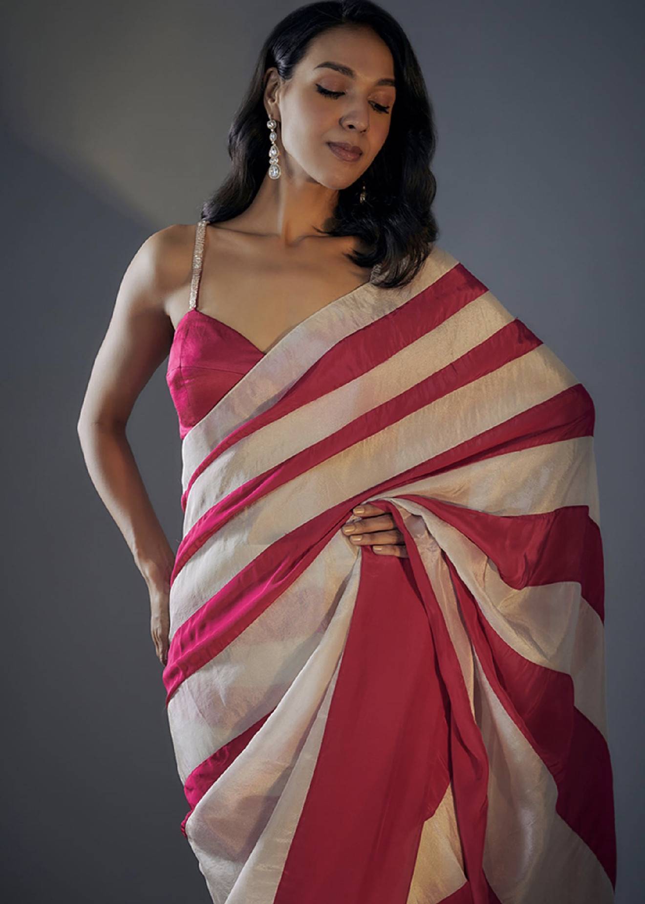 Hot Pink & Beige Printed Pre-Drape Sari Image - 3