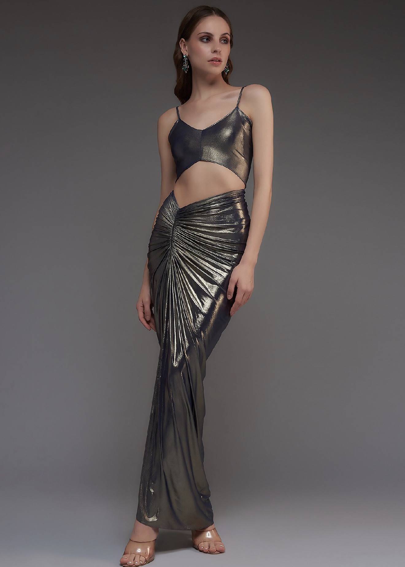 Grey Draped Metallic Skirt Set Image - 2