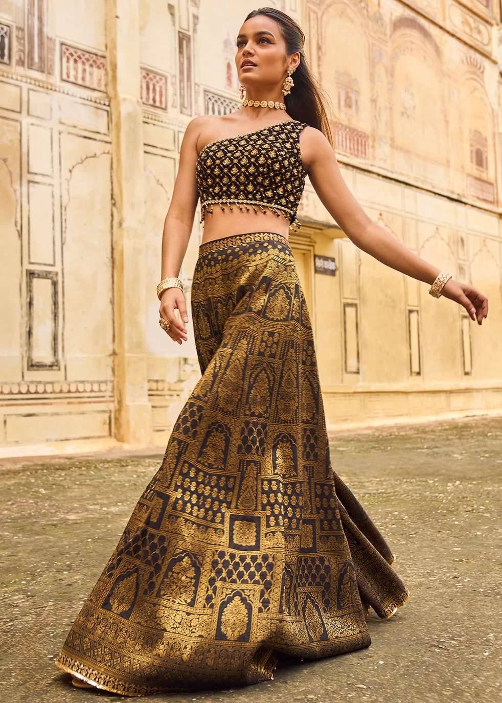 One-Shoulder Black & Gold Sharara Image - 3