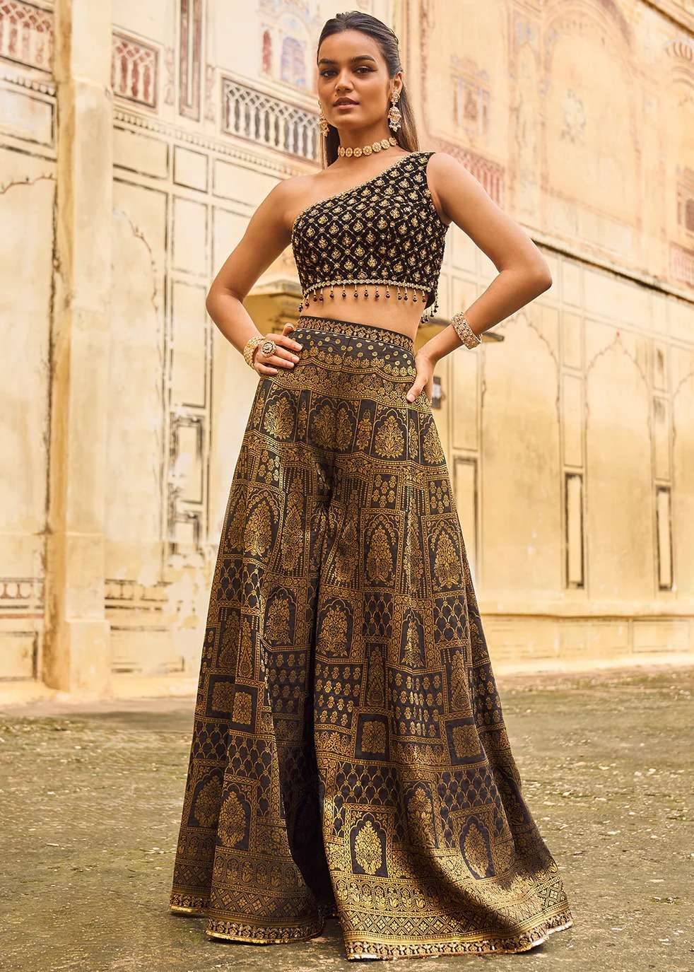 One-Shoulder Black & Gold Sharara Image - 0