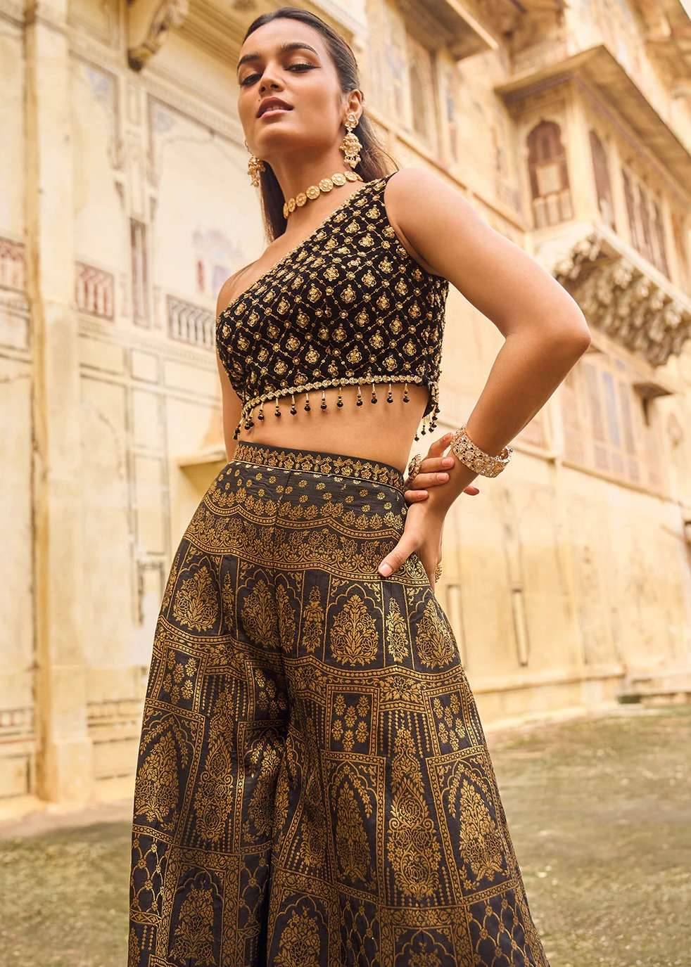 One-Shoulder Black & Gold Sharara Image - 4