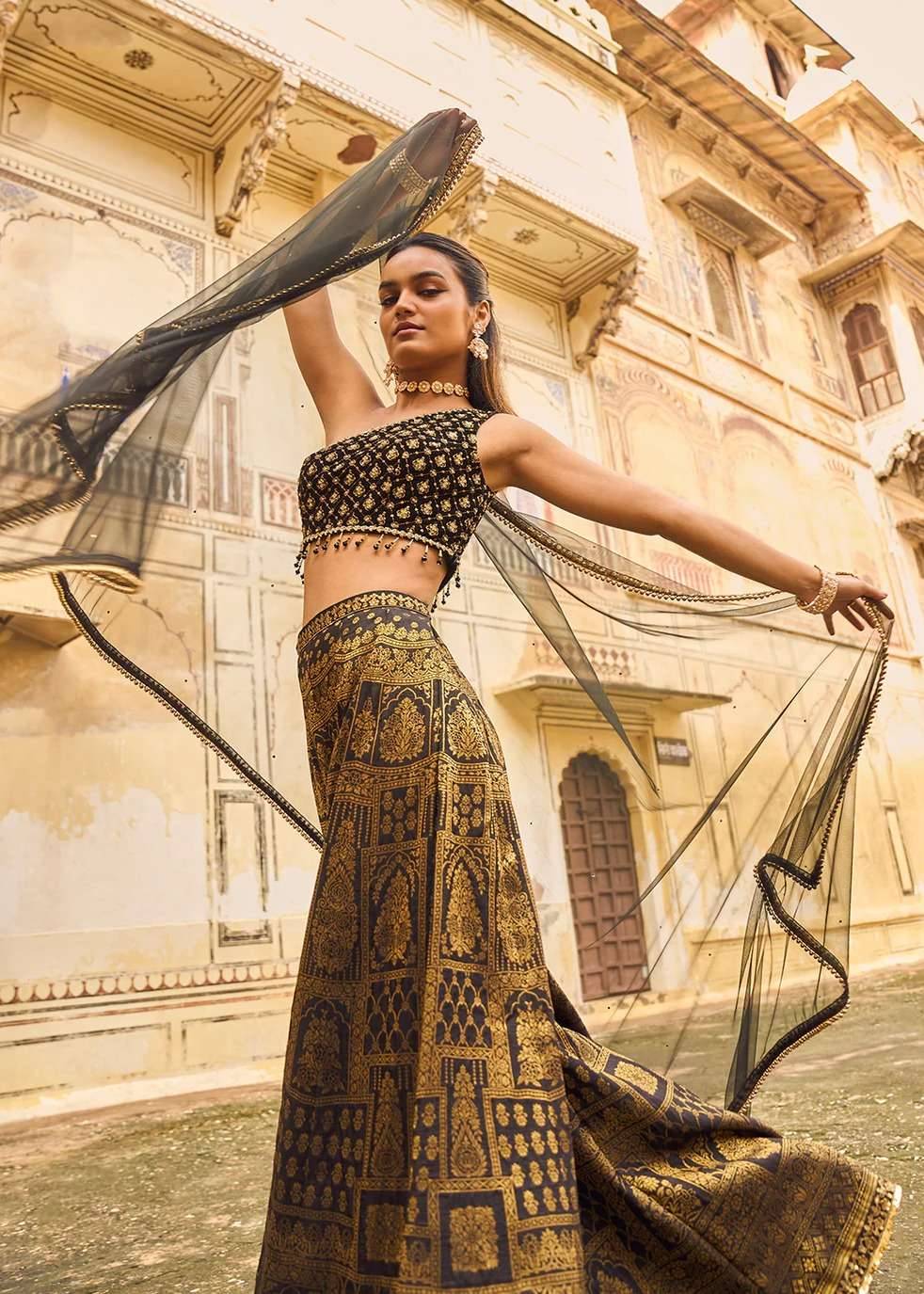 One-Shoulder Black & Gold Sharara Image - 5
