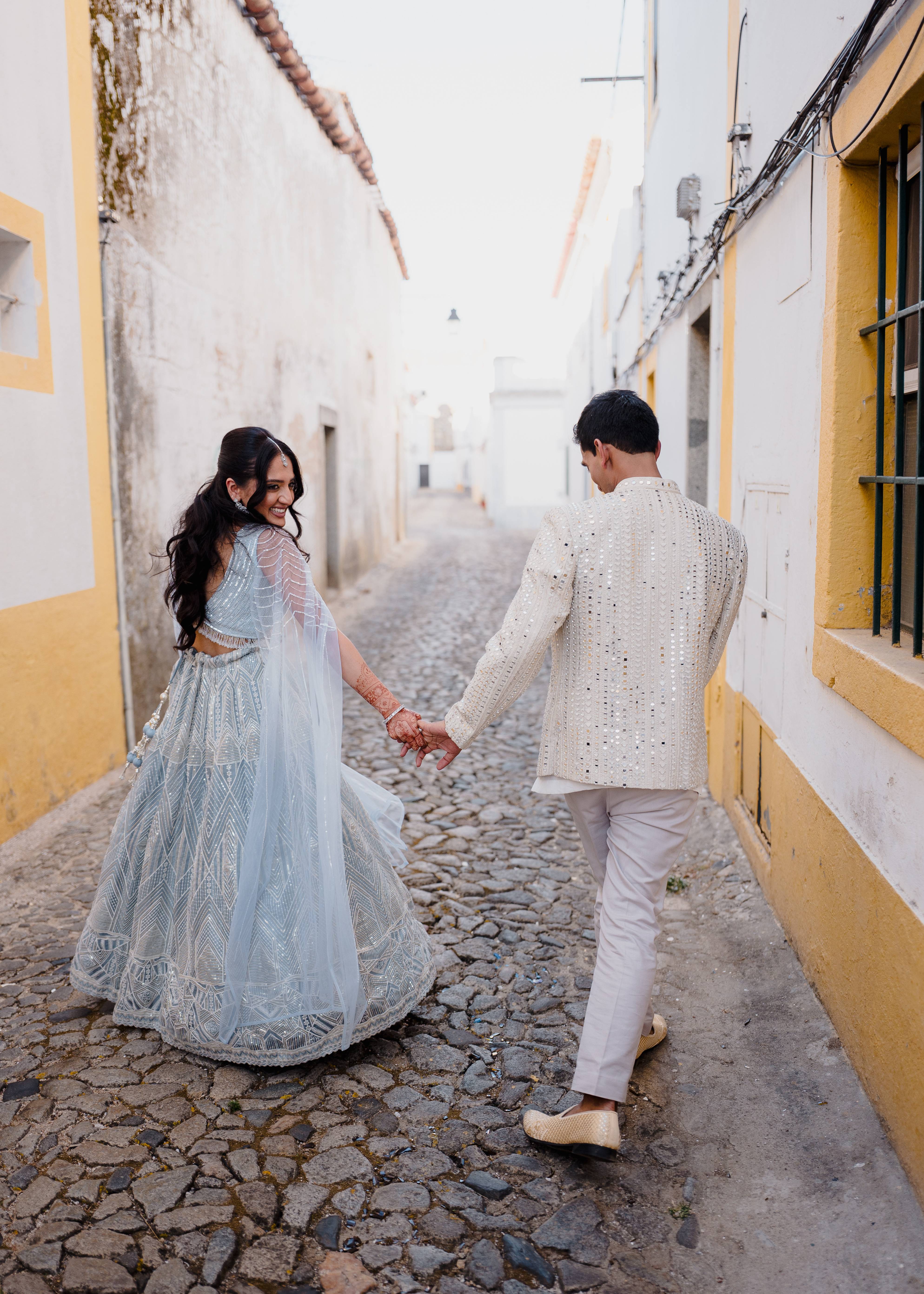 Icy Blue Draped Sleeve Lehenga Image - 3