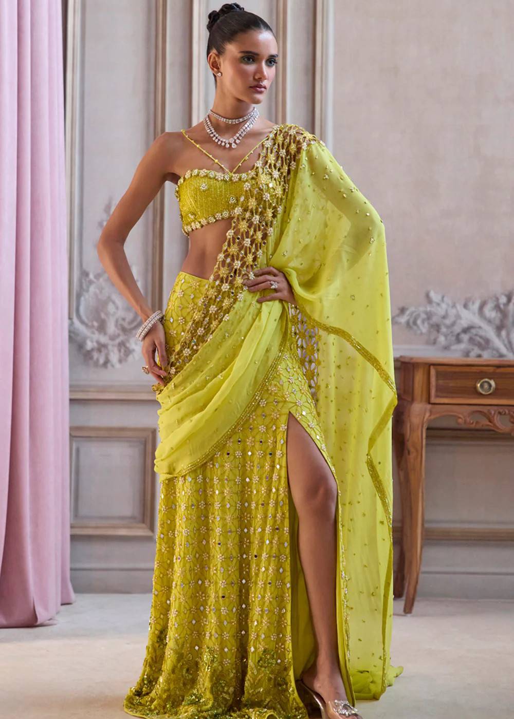 Neon Green Slit Sari  Image - 2