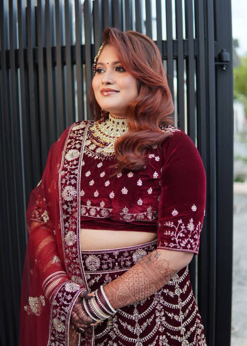 Maroon Velvet Bridal Lehenga Image - 2