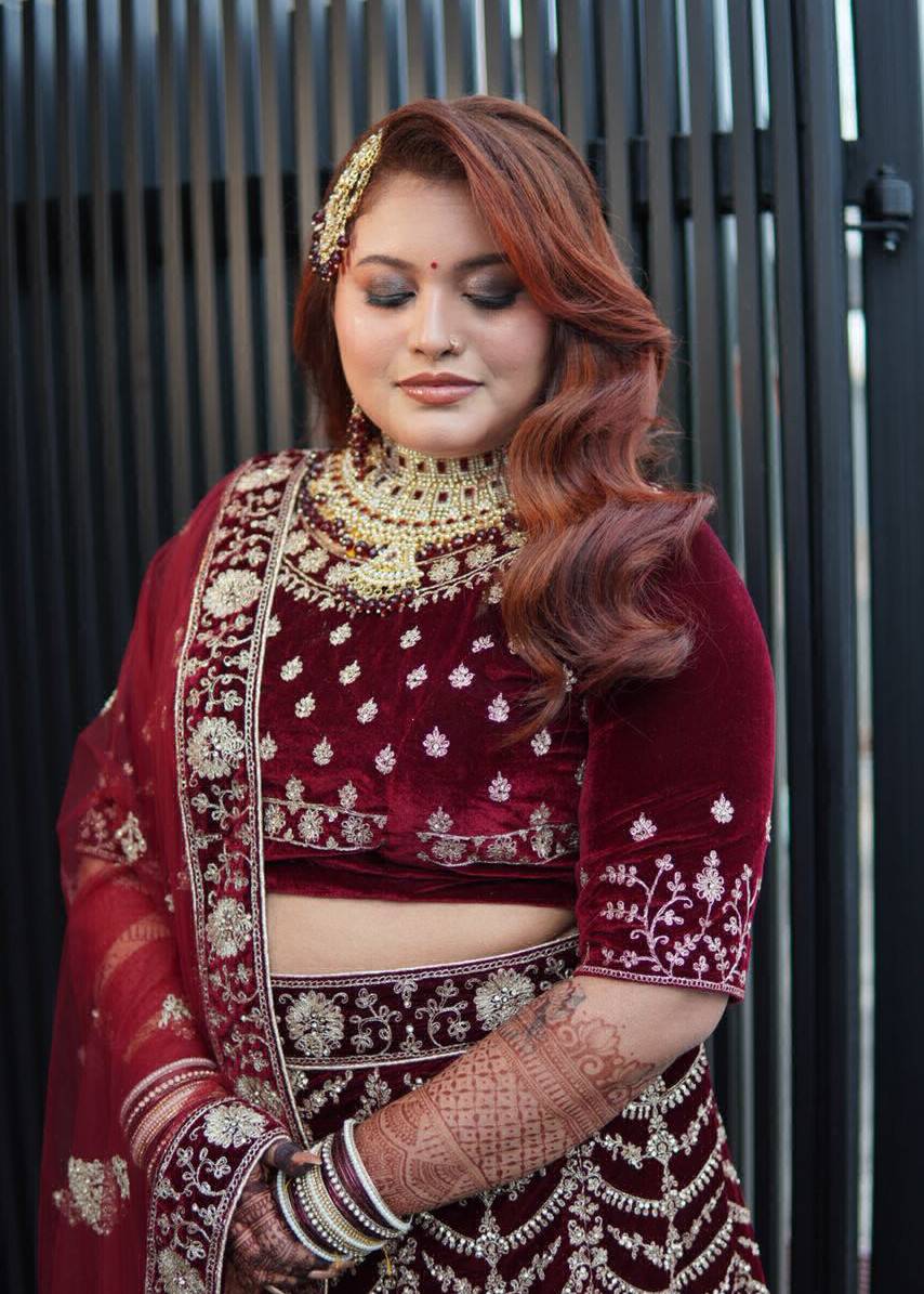 Maroon Velvet Bridal Lehenga Image - 5