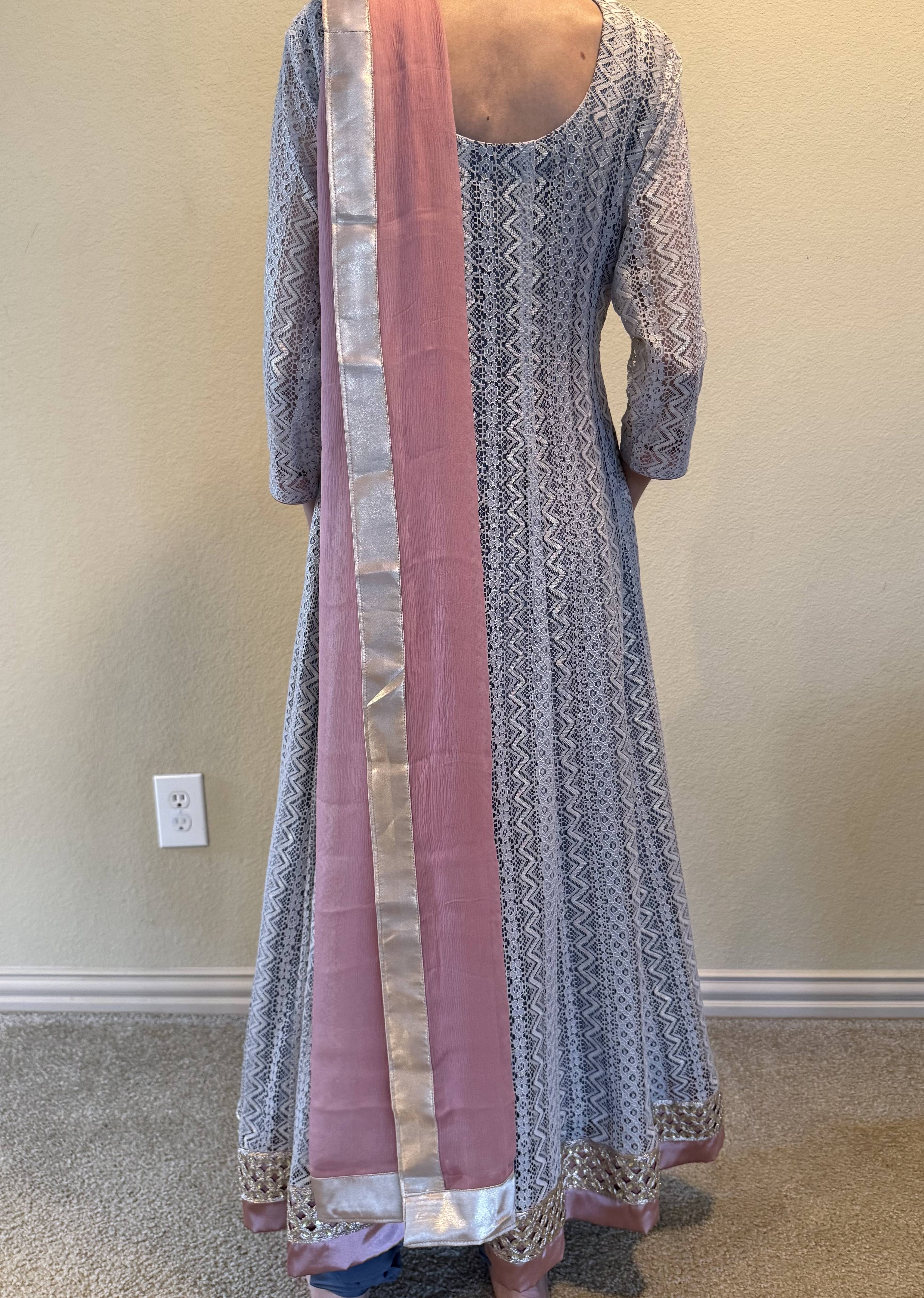 Gray Lace Anarkali Set Image - 3