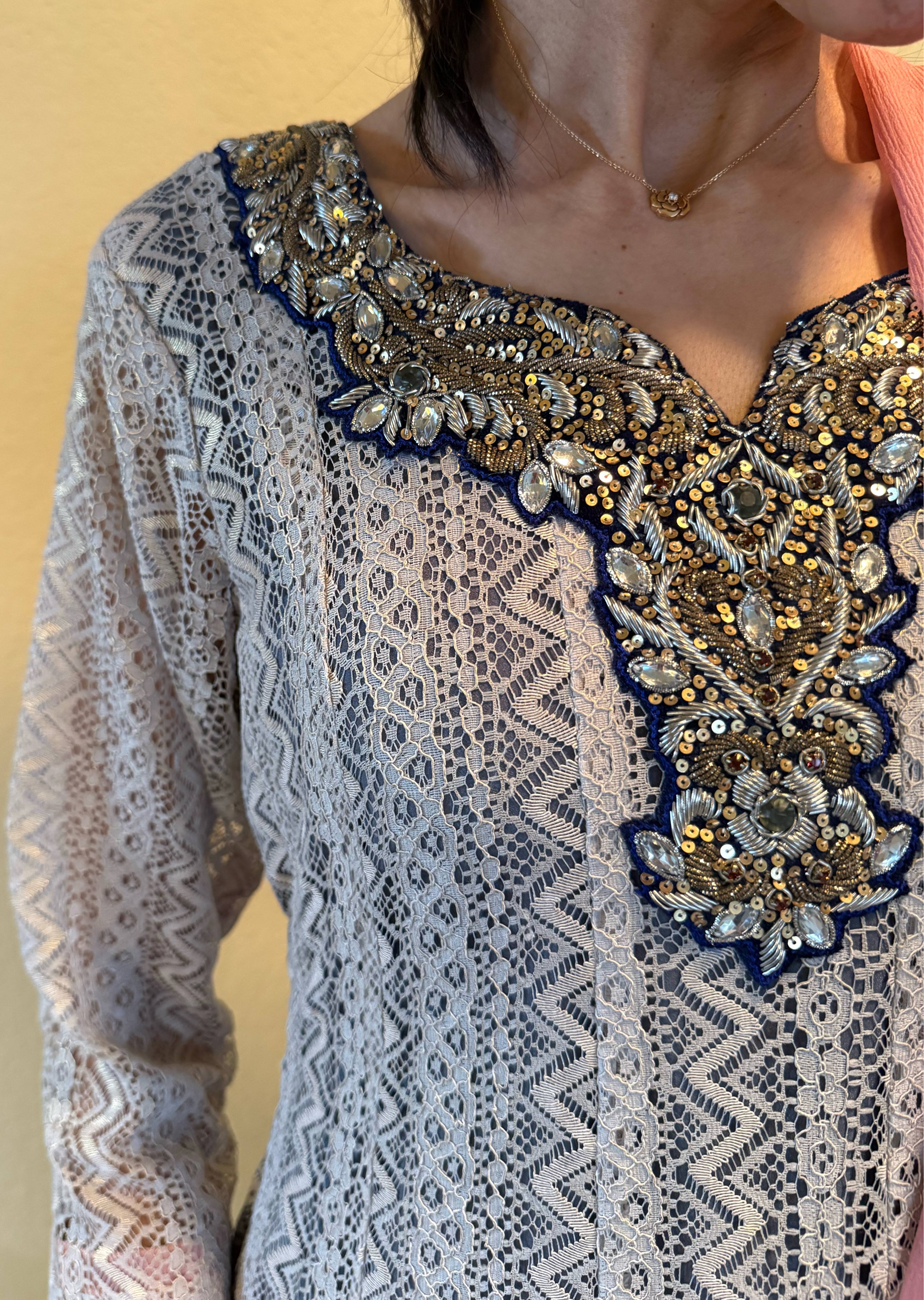 Gray Lace Anarkali Set Image - 1