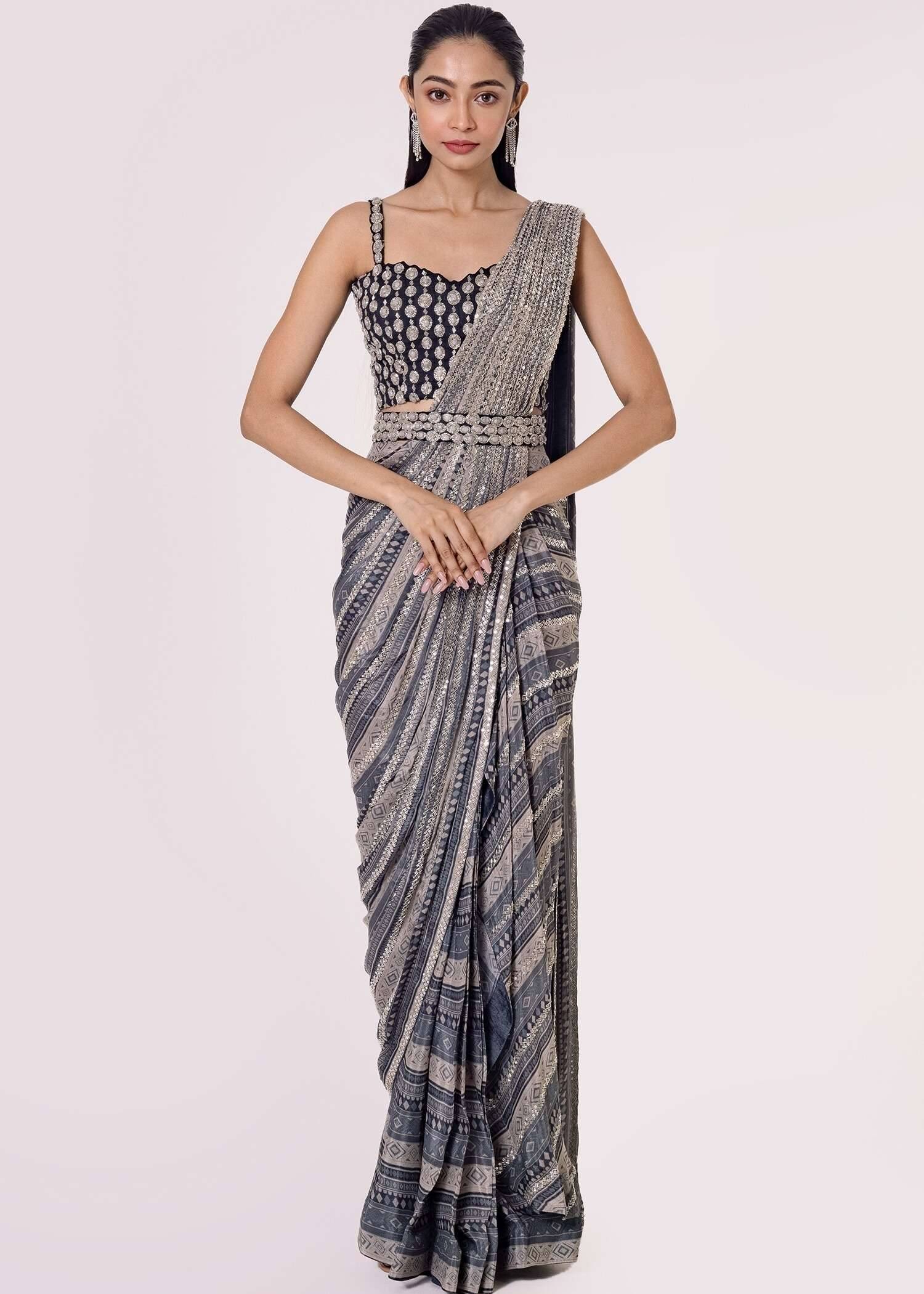 Grey Diamond Printed Pre-Draped Sari Image - 0