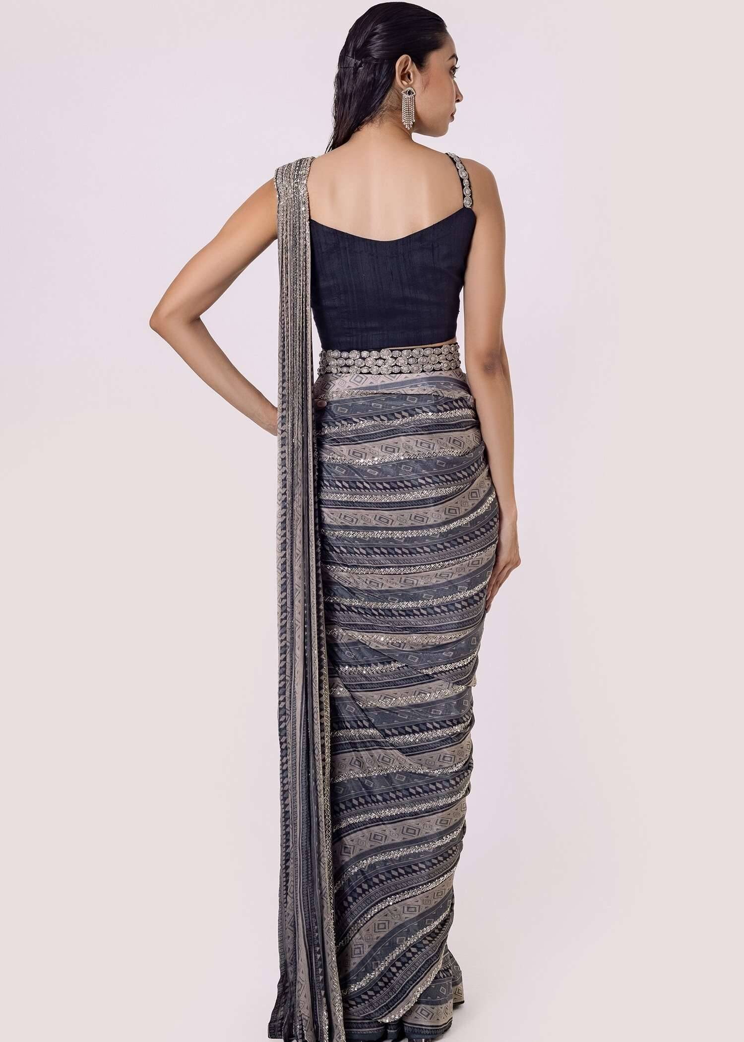 Grey Diamond Printed Pre-Draped Sari Image - 1
