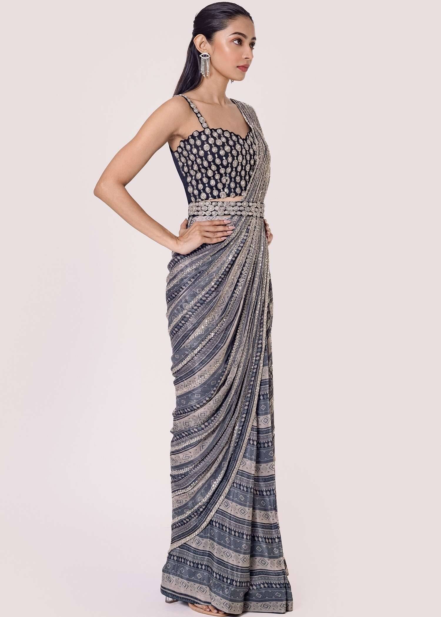 Grey Diamond Printed Pre-Draped Sari Image - 5
