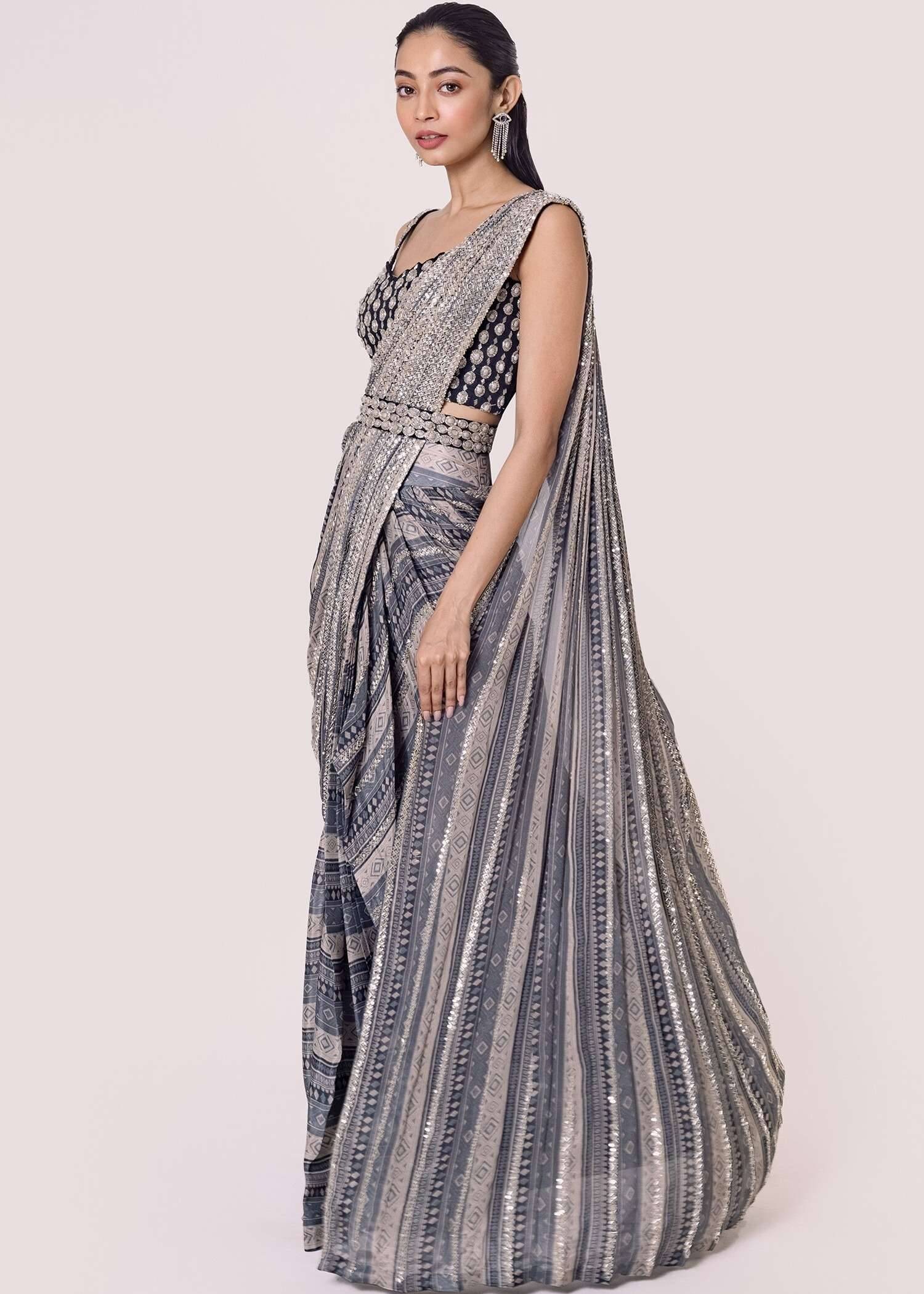 Grey Diamond Printed Pre-Draped Sari Image - 6