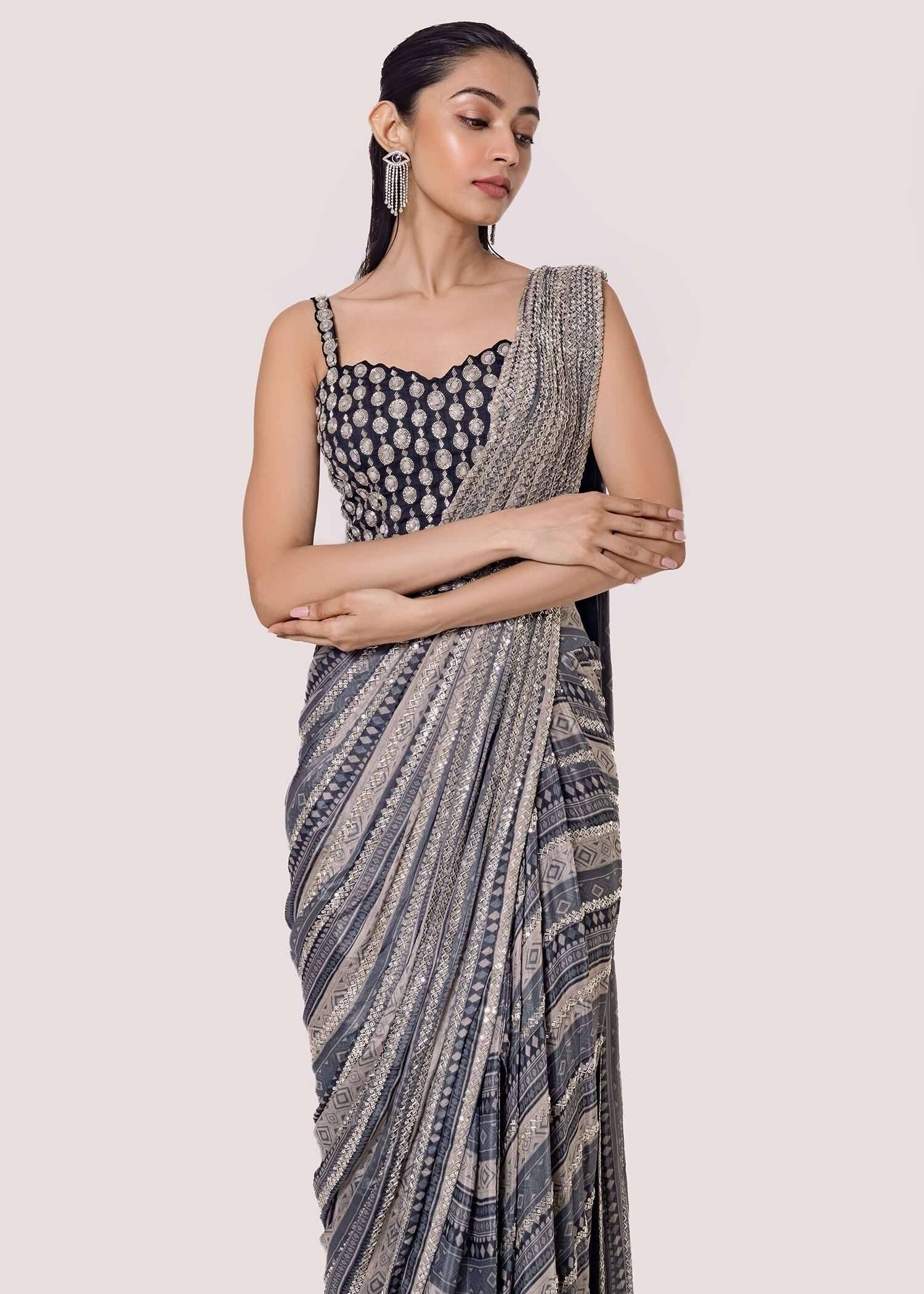 Grey Diamond Printed Pre-Draped Sari Image - 7