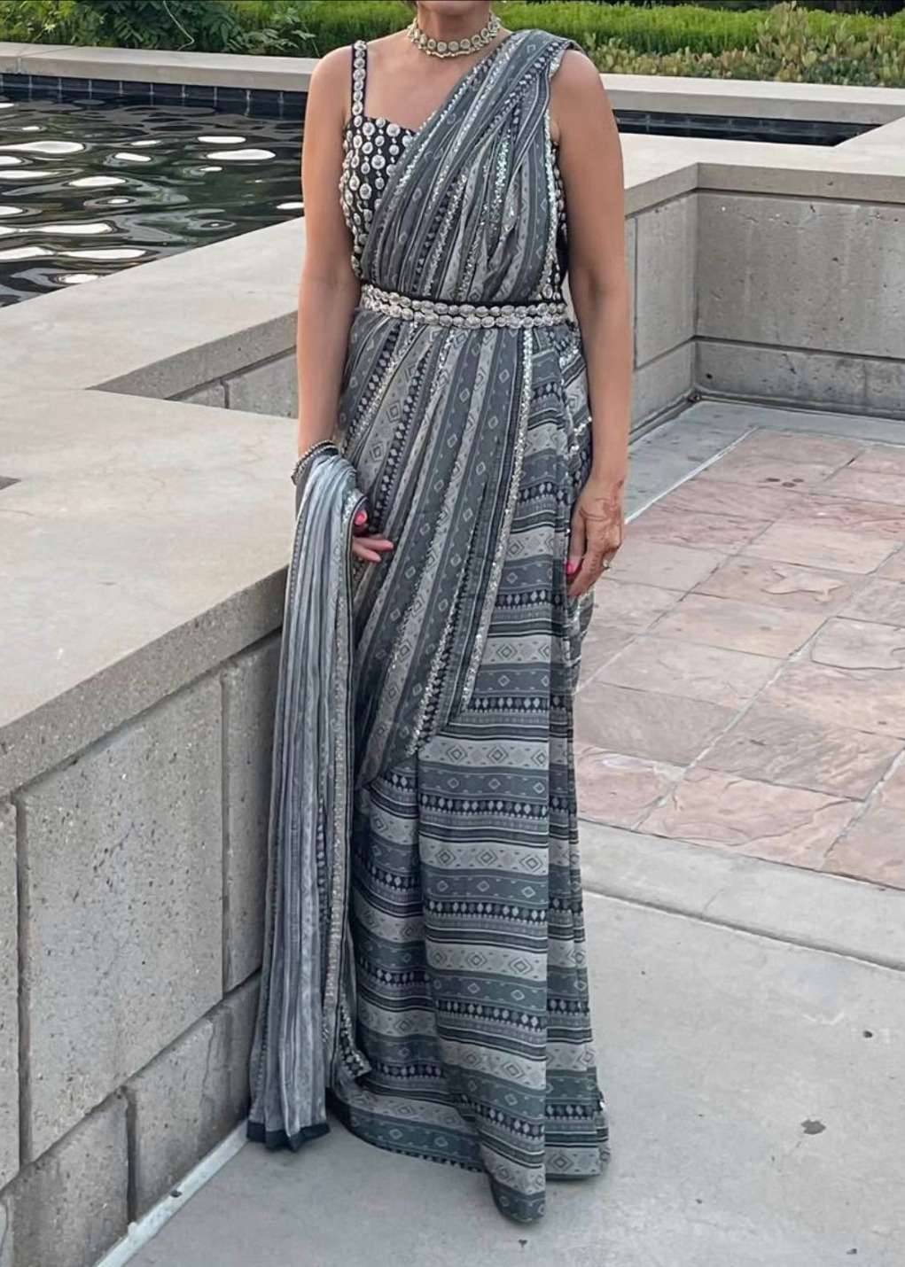 Grey Diamond Printed Pre-Draped Sari Image - 2