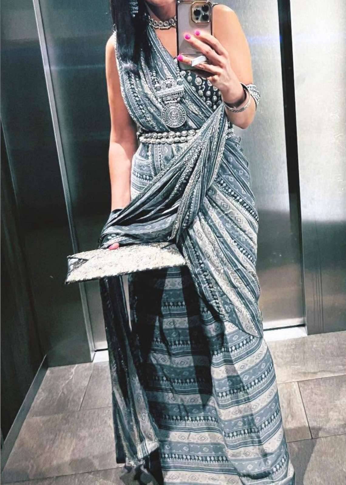 Grey Diamond Printed Pre-Draped Sari Image - 3
