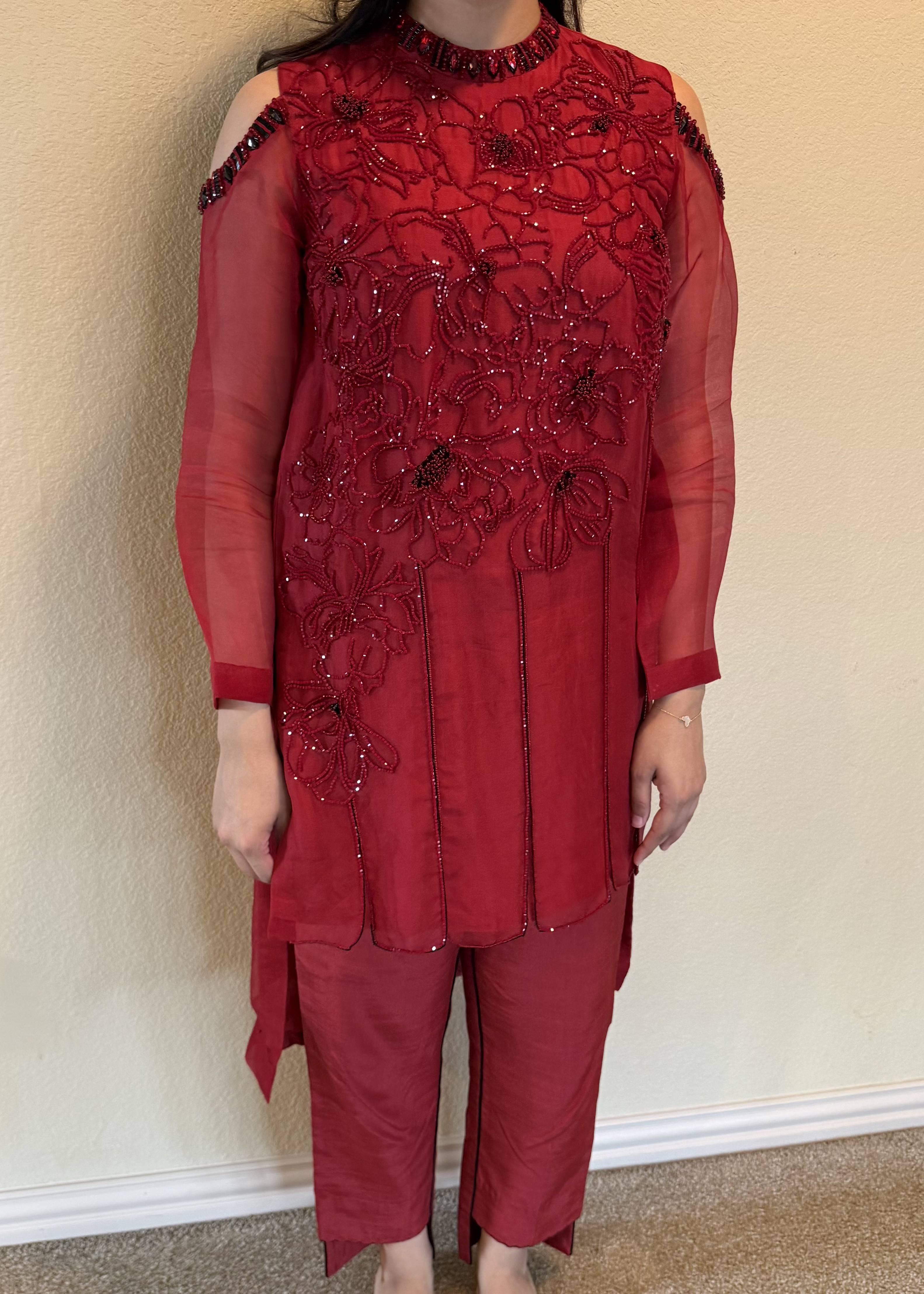 Red Cold-Shoulder Kurta Set Image - 0