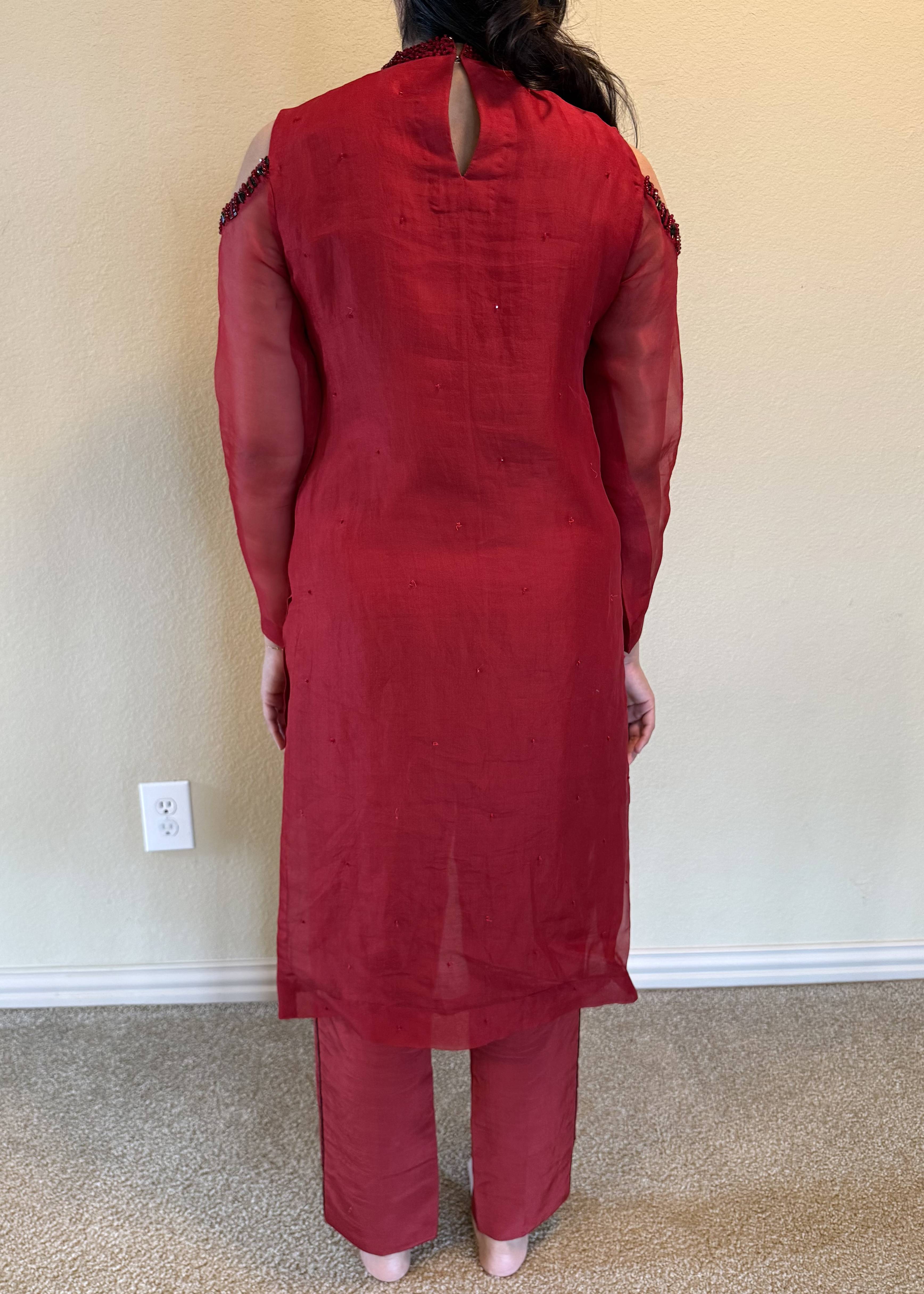Red Cold-Shoulder Kurta Set Image - 2