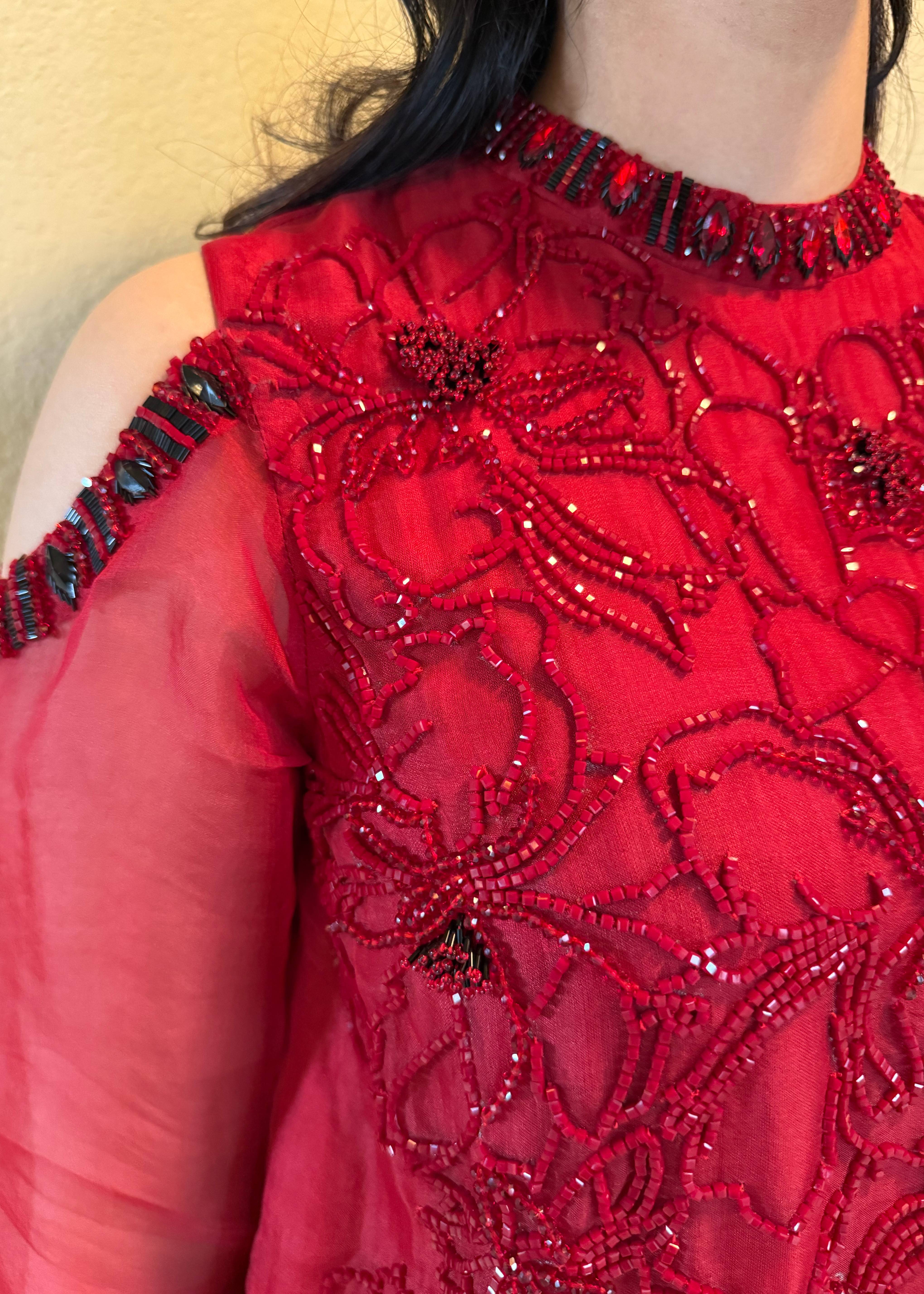 Red Cold-Shoulder Kurta Set Image - 1