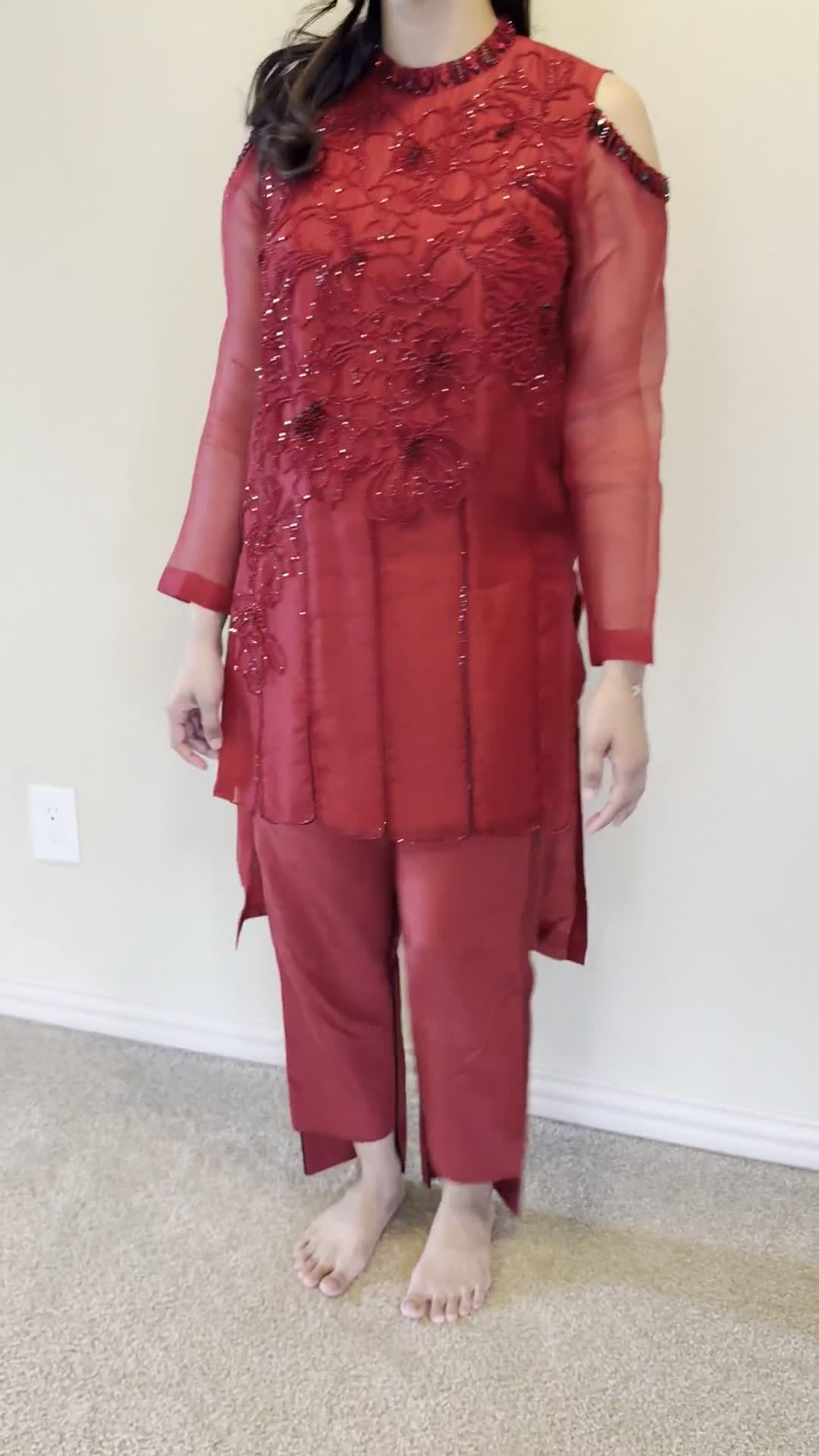 Red Cold-Shoulder Kurta Set Image - 3