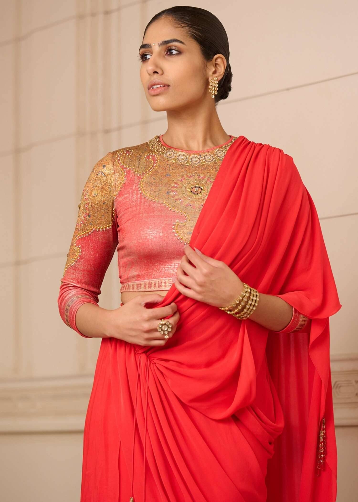 Red Satin Pre-Stitched Sari Set Image - 2