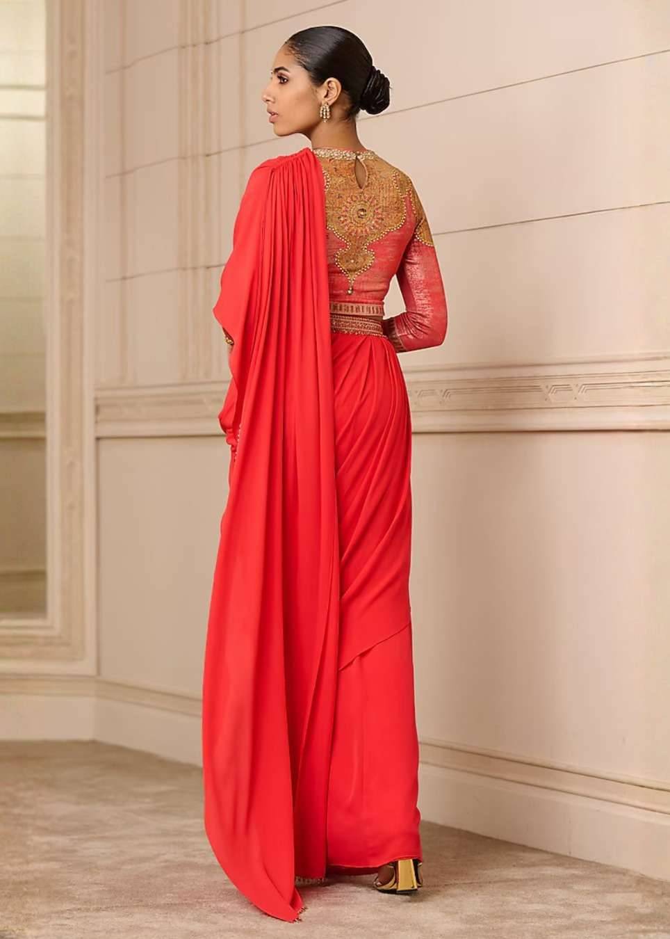 Red Satin Pre-Stitched Sari Set Image - 1