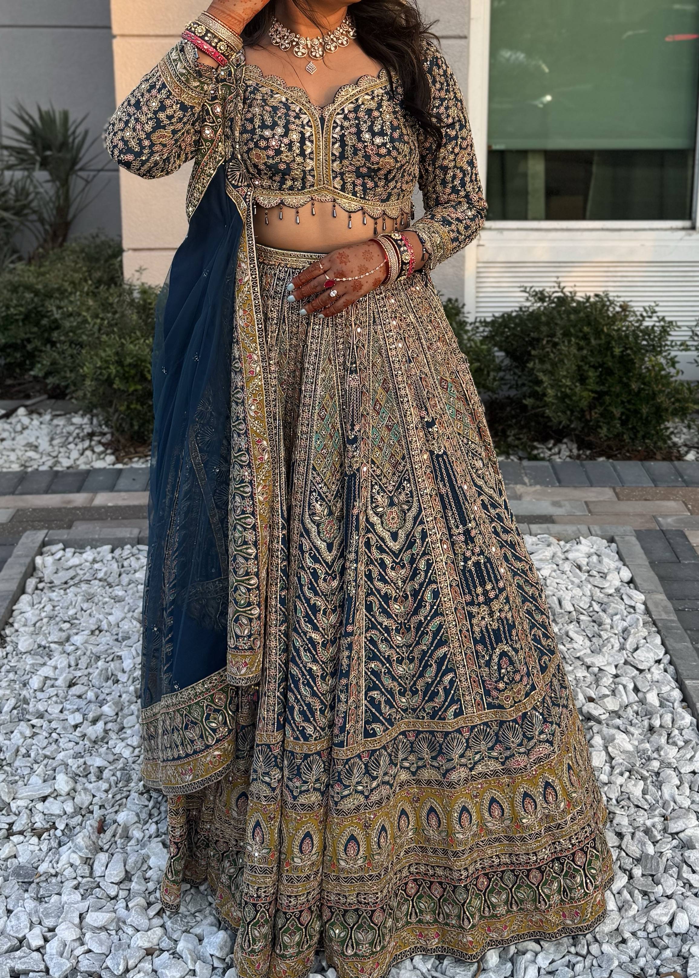 Blue Silk Long-Sleeve Lehenga Image - 0
